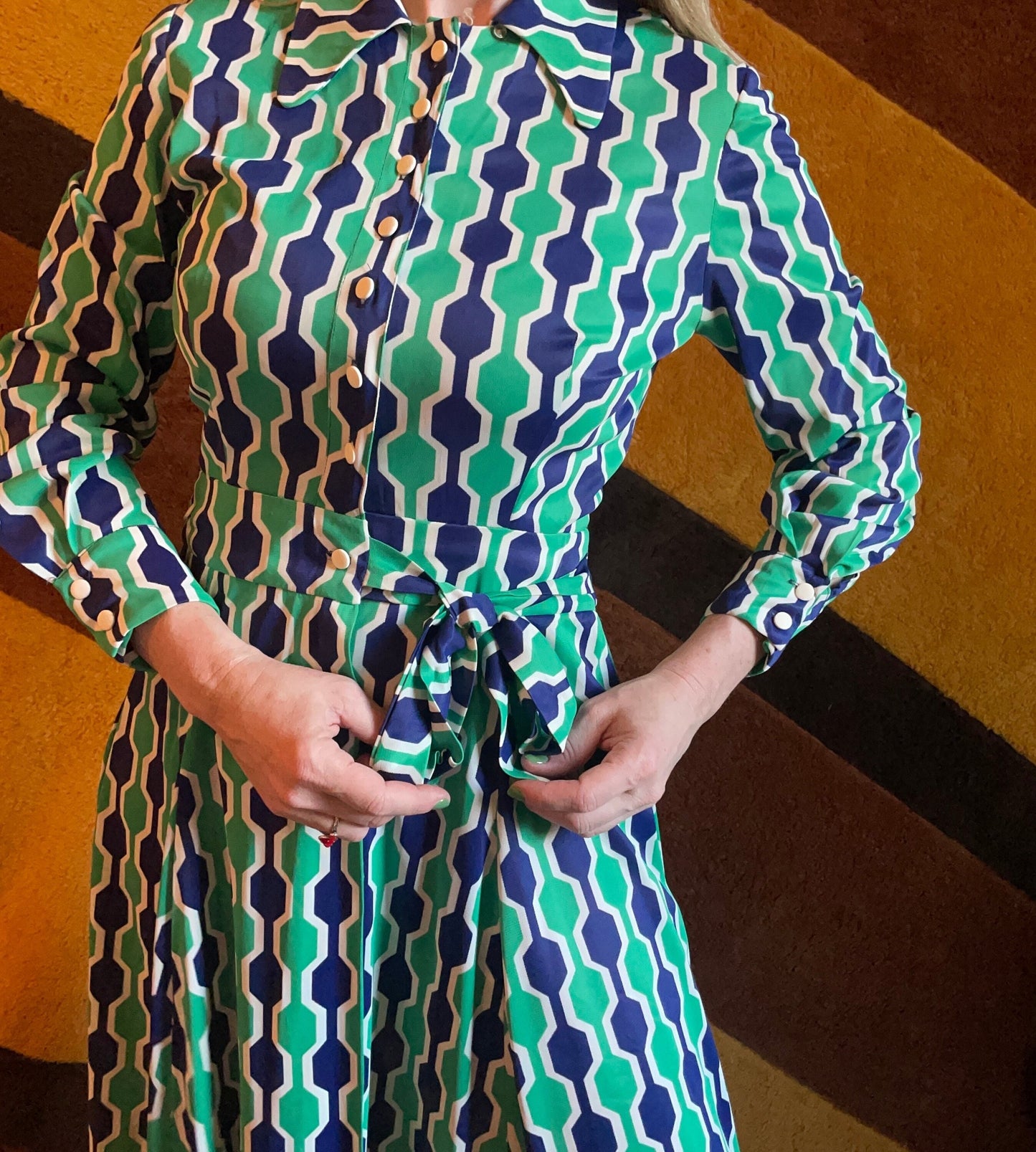 vtg 60s GEOMETRIC WRAP DRESS //  abstract jewel tones green blue hour glass patterned mid century pointy collar mod pop art wrap swing dress