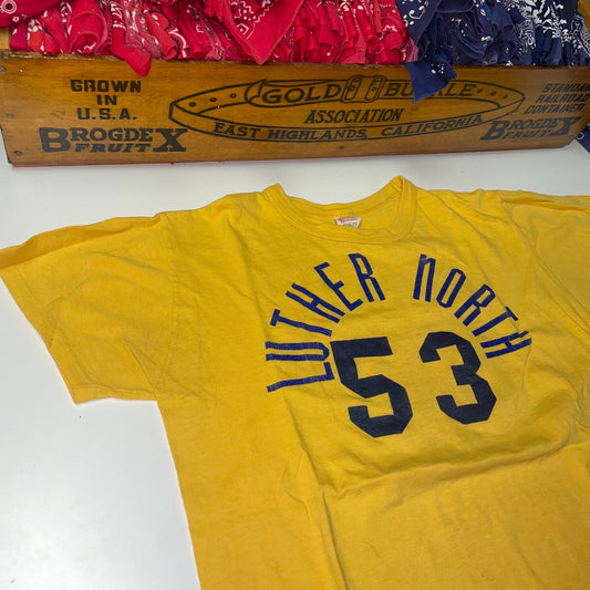 vtg 70s TRACK TEAM TSHIRT // Vintage Luther North Girls Track yellow team sports tee retro tee college mn style athletic number cotton gym