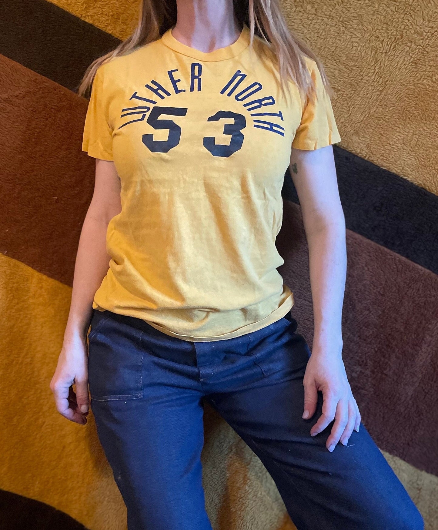 vtg 70s TRACK TEAM TSHIRT // Vintage Luther North Girls Track yellow team sports tee retro tee college mn style athletic number cotton gym