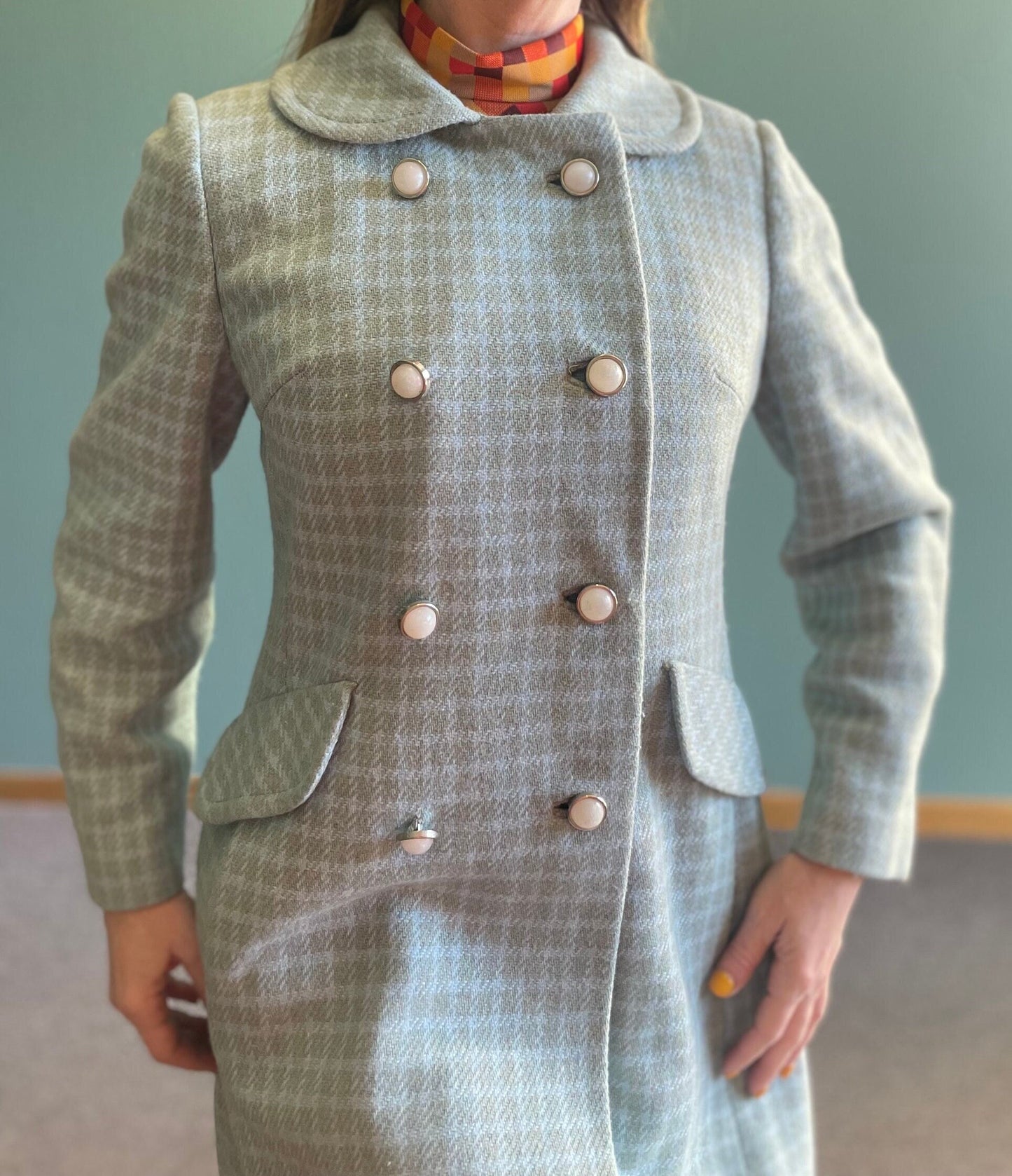 vtg 70s BLUE PLAID JACKET // butterfly pan collar long maxi coat  Lorendale mod peacoat Blair Waldorf preppy pastel blue checkered retro