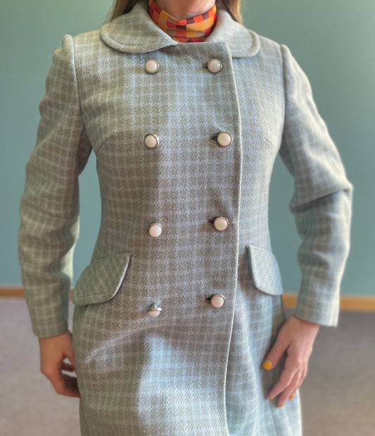 vtg 70s BLUE PLAID JACKET // butterfly pan collar long maxi coat  Lorendale mod peacoat Blair Waldorf preppy pastel blue checkered retro