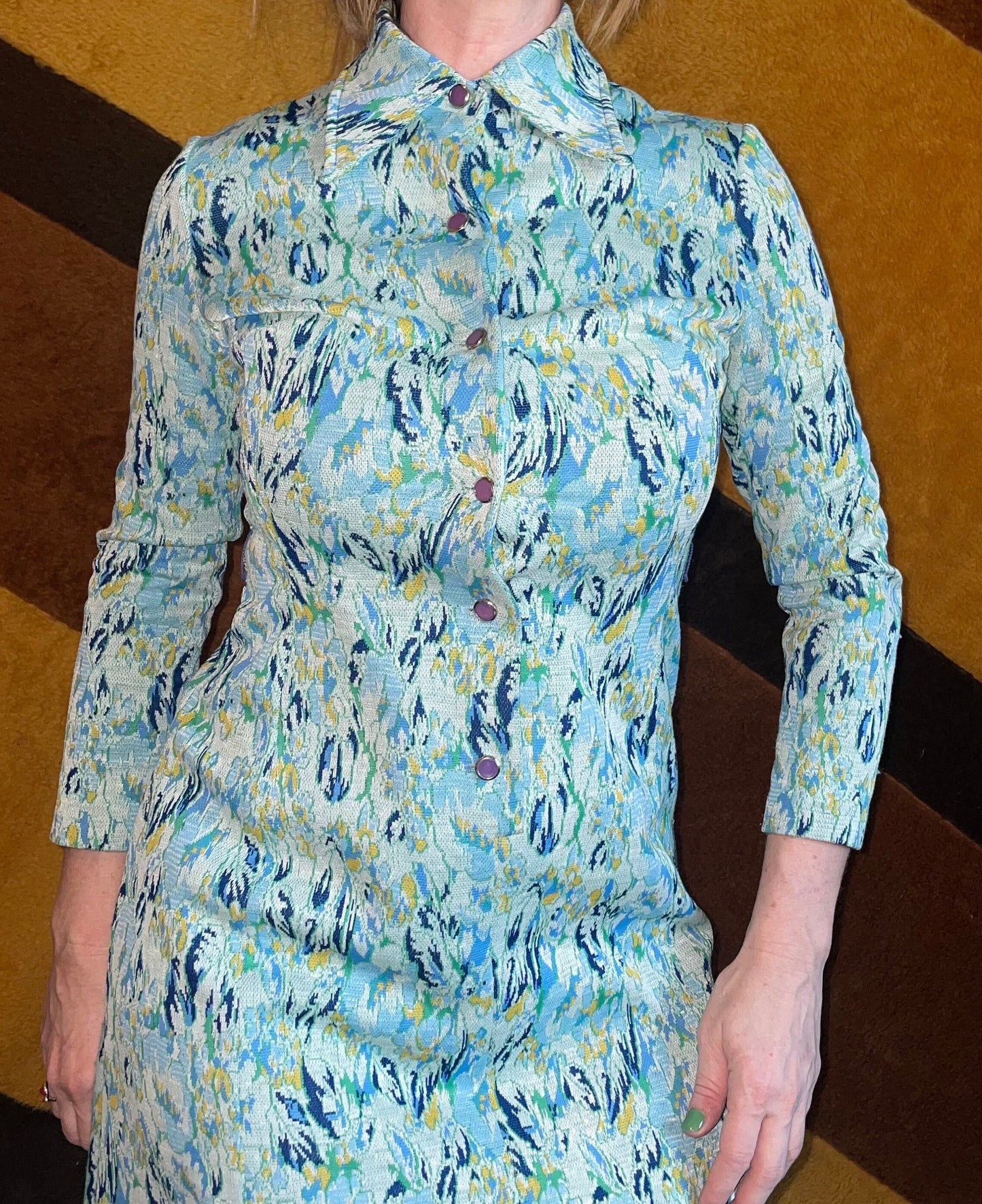 vtg 60s MOD PSYCHEDELIC SHIFT Dress // vintage blue & yellow abstract print parkshire button up midi pointy collar polyester retro ice queen