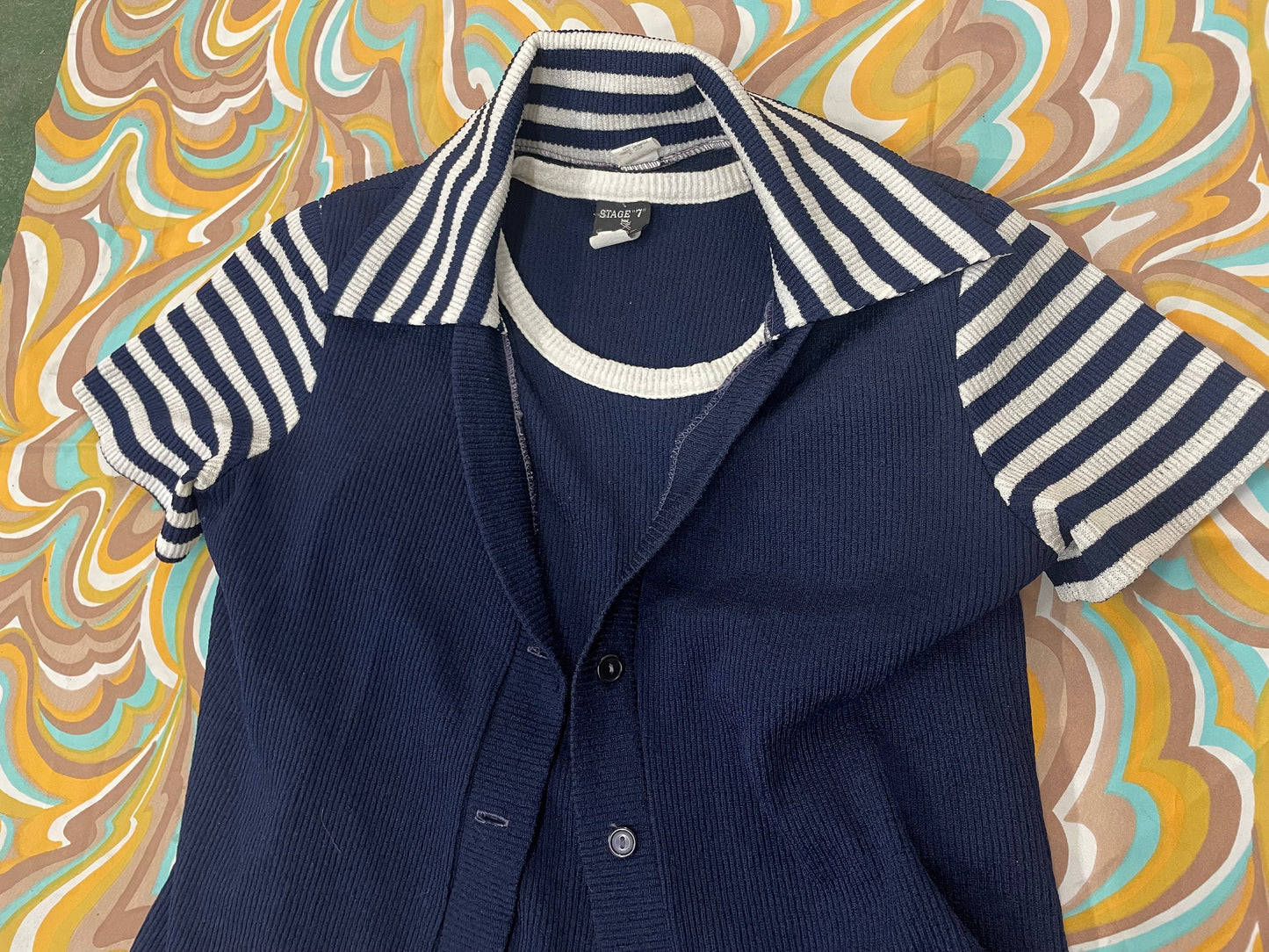 vtg 70s STRIPED POLY TOP // 2 piece set retro pointy collar tank top & mini jacket that show mod hippie roller disco vintage stripes era