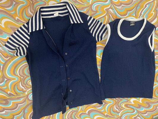 vtg 70s STRIPED POLY TOP // 2 piece set retro pointy collar tank top & mini jacket that show mod hippie roller disco vintage stripes era