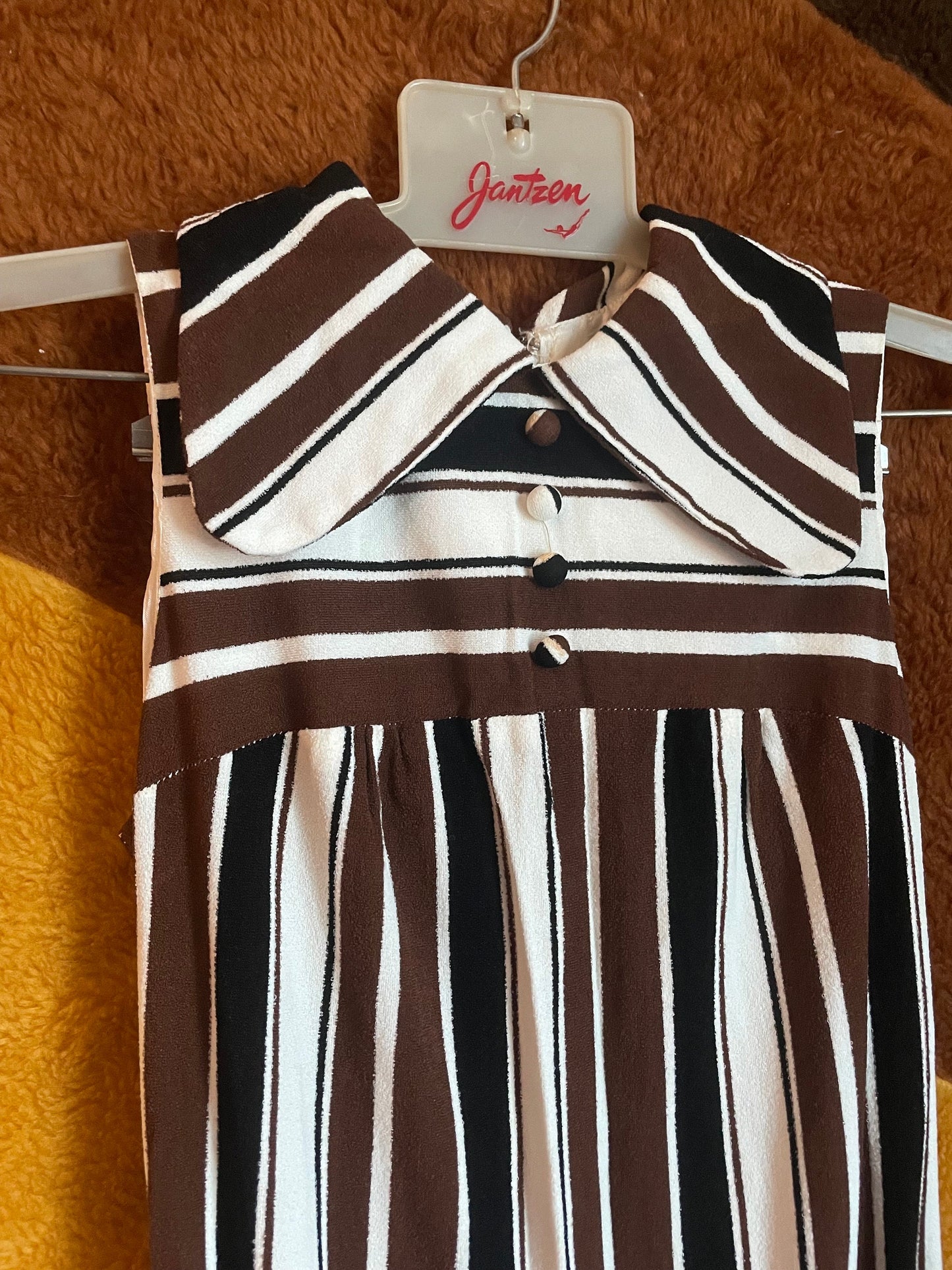 vtg 60s MOD STRIPES DRESS / pointy collar belted shift dress faux terrycloth tri tone black brown white mini dress beagle dog ear collar 70s