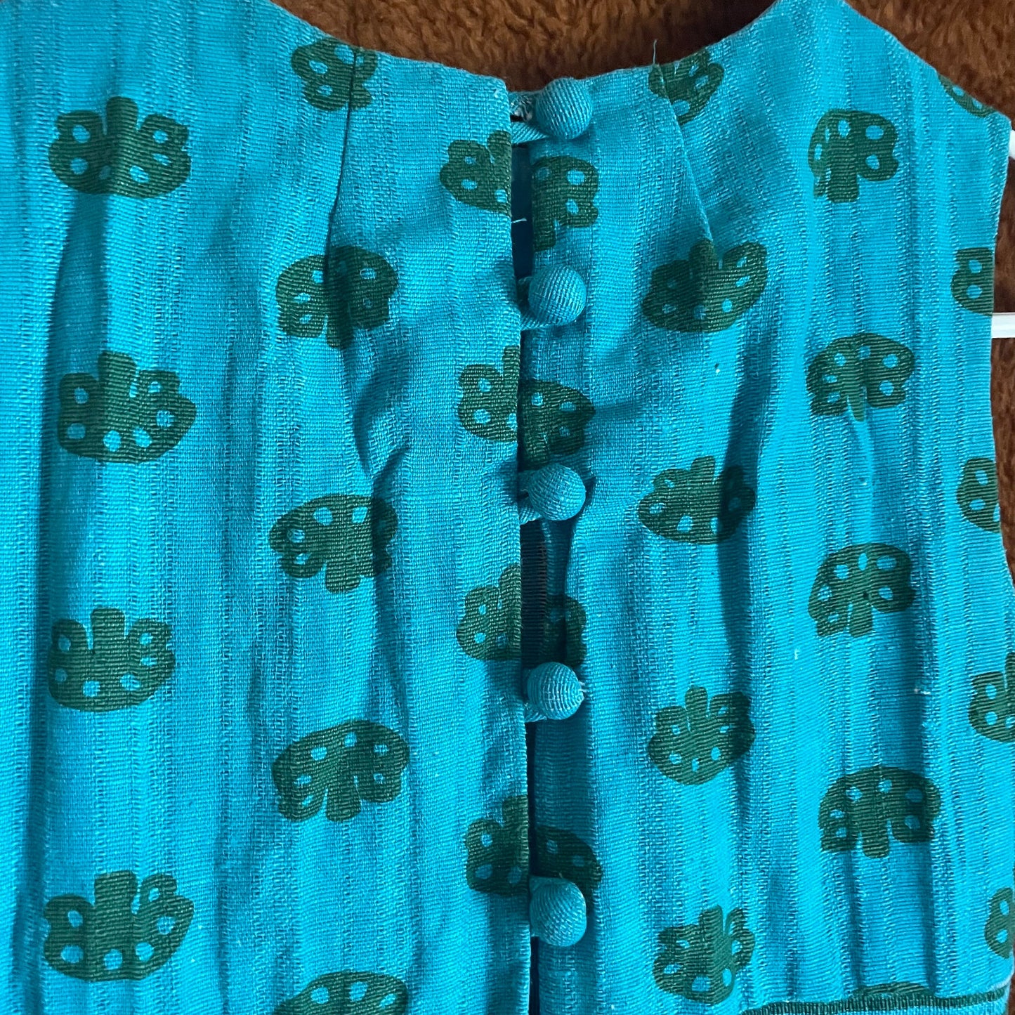 vtg 70s  BLUE LINEN PATTERNED Dress // vintage mushroom abstract print empire waist full length maxi dress hippie boho juniors teen petite