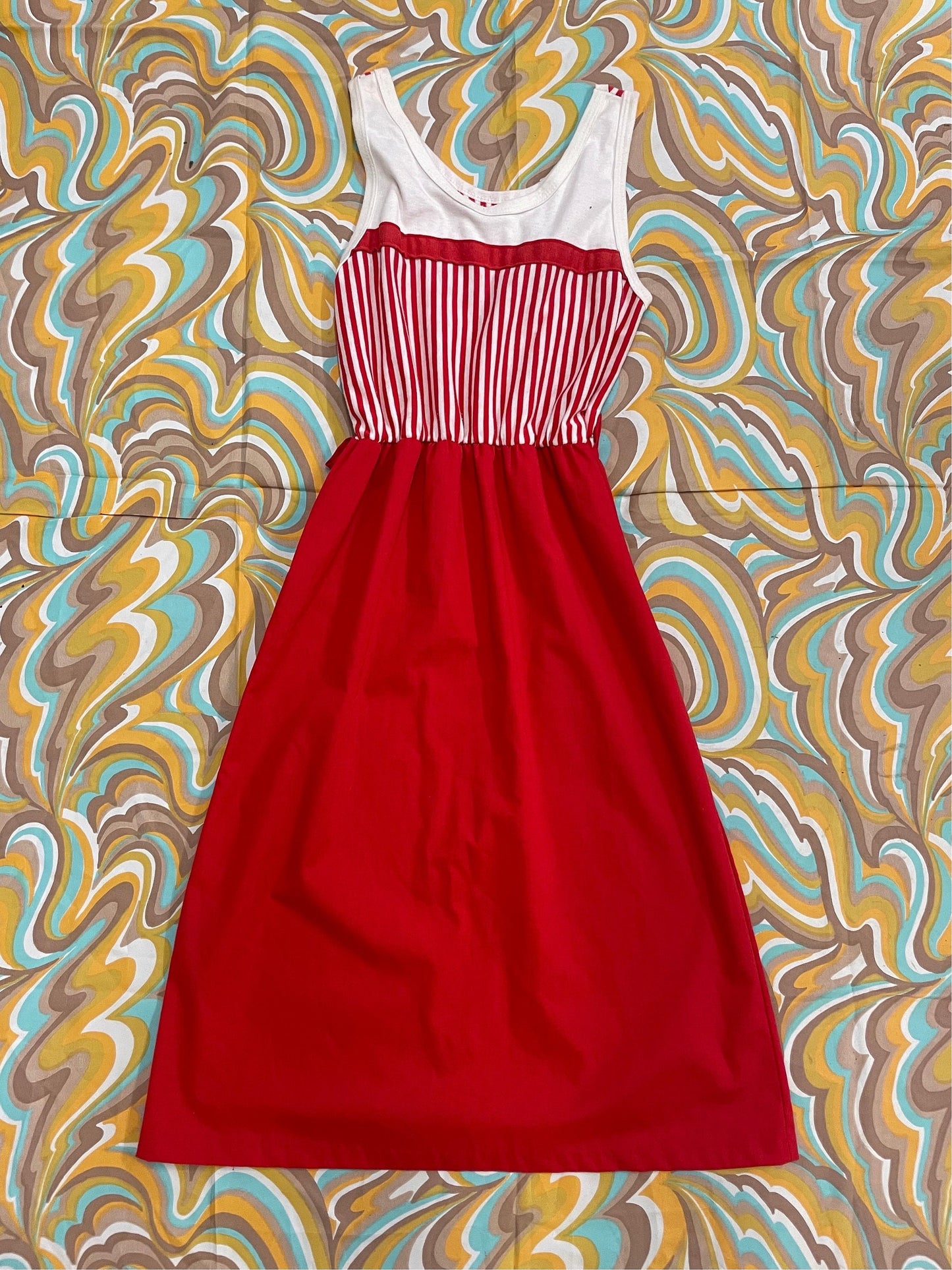 vtg 70s CANDY STRIPER DRESS // summer tank dress casual red white striped cute kitschy retro fit n flare with belt loops casual secretary