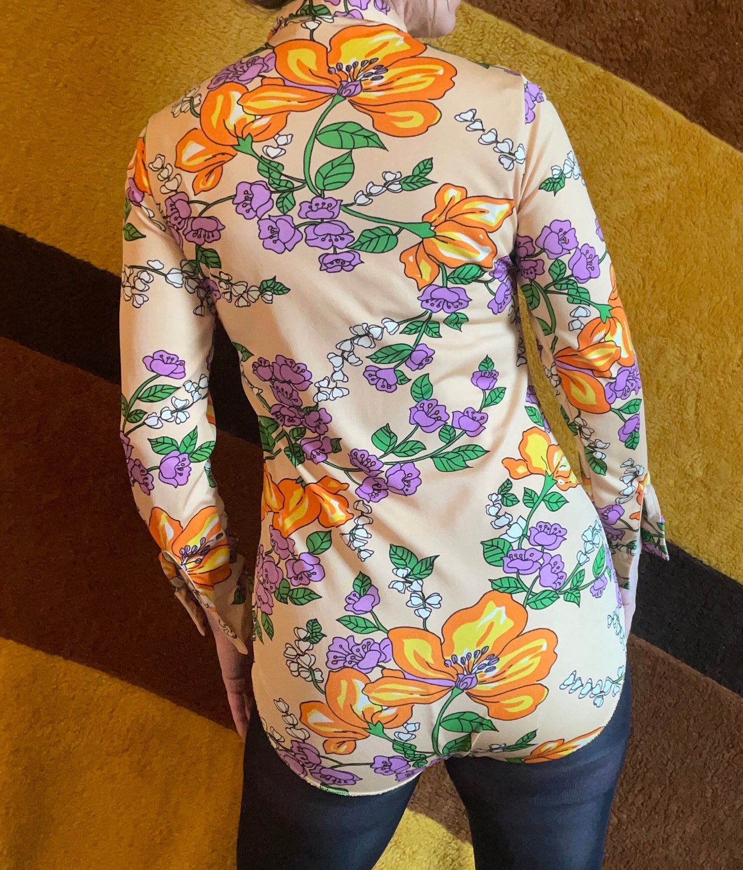 vtg 70s FLORAL BODYSUIT psychedelic top // long sleeve collared unitard look undershirt bright funky mod hippie kitschy retro spring romper
