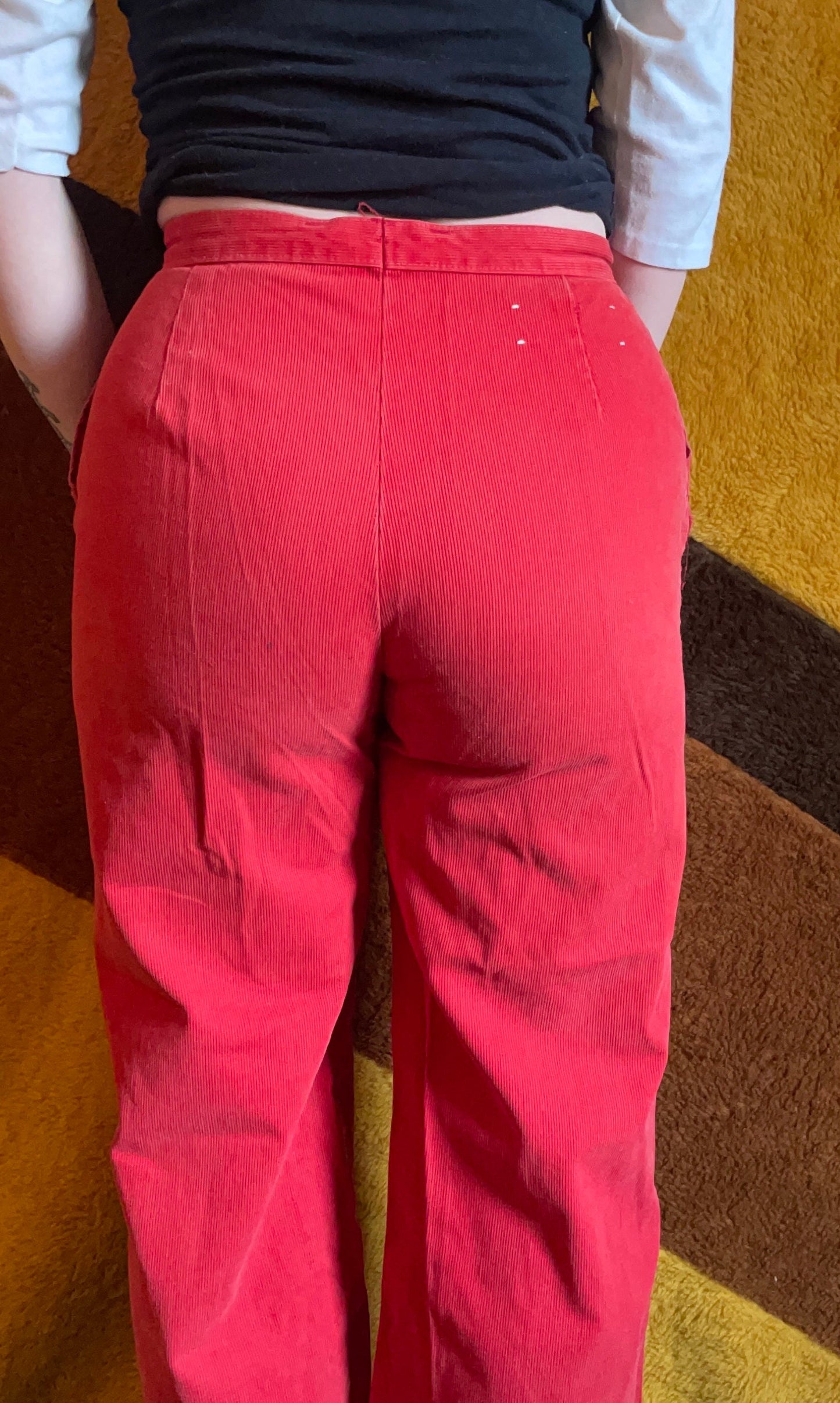 vtg 70s RED CORDUROY FLARES // wide leg pants high waisted bellbottom trousers preppy hippie *as is *needs zipper on track cute casual boho