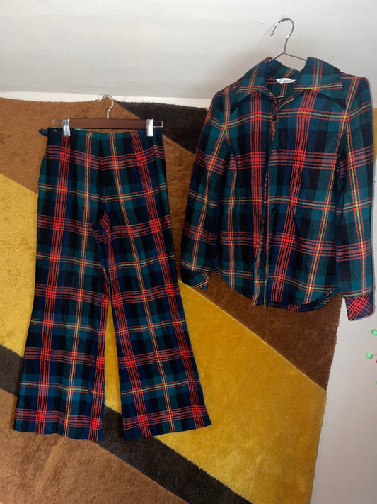 vtg 70s 2 PIECE PLAID PANTSUIT // vintage sears junior bazarr high waisted flare leg plaid pants & blazer set preppy mod casual business