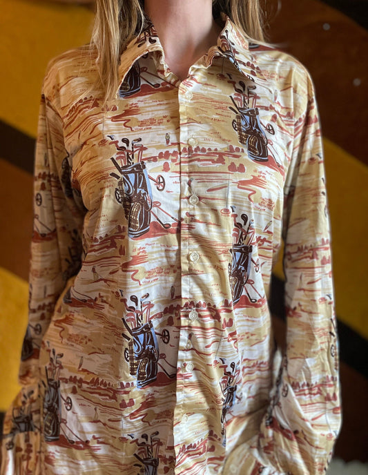vtg 70s BURMA POLY TOP // psychedelic Golf print button down blouse Pointy Collar Retro aop print disco ball club dance slay retro costume