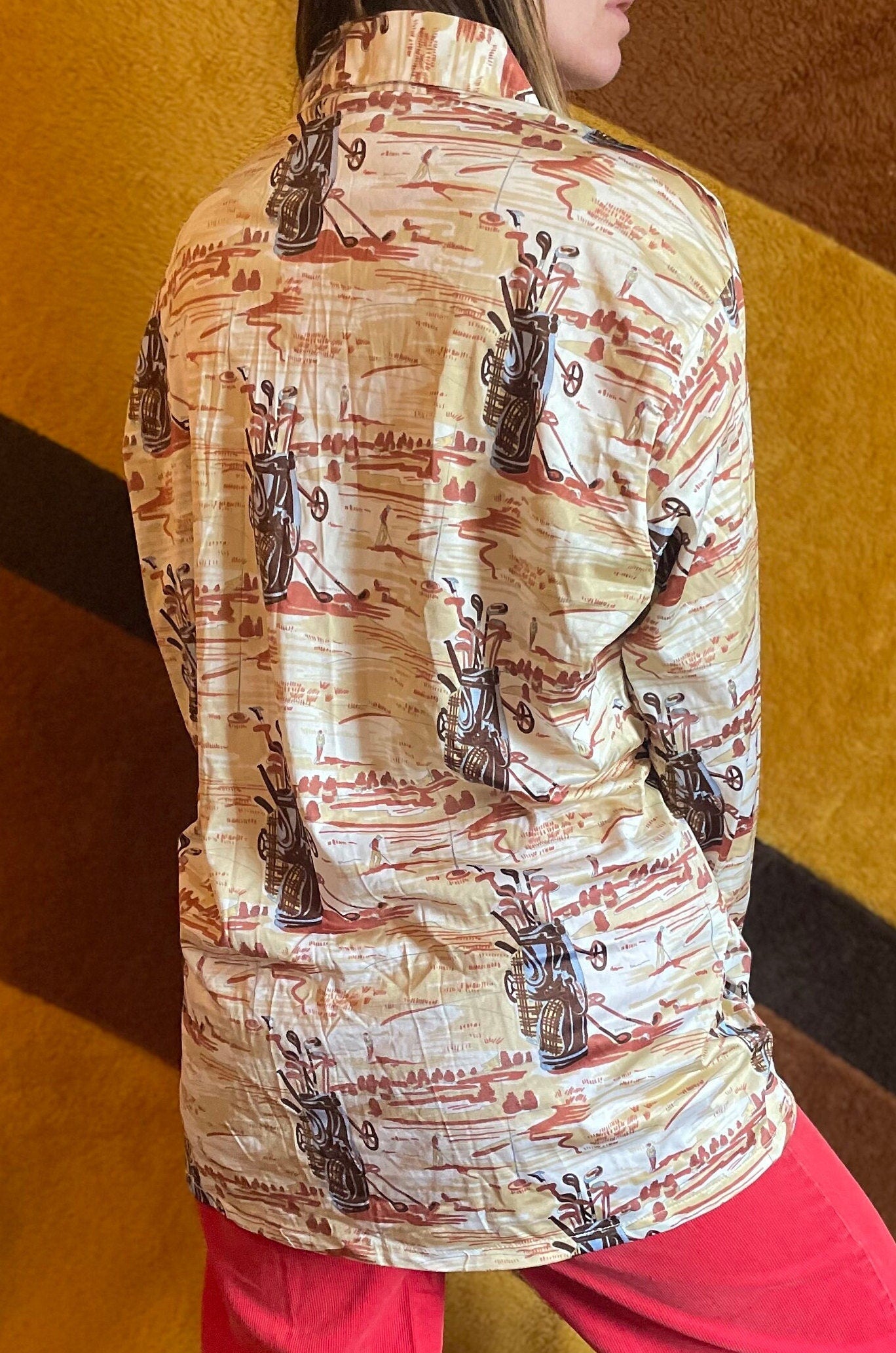 vtg 70s BURMA POLY TOP // psychedelic Golf print button down blouse Pointy Collar Retro aop print disco ball club dance slay retro costume