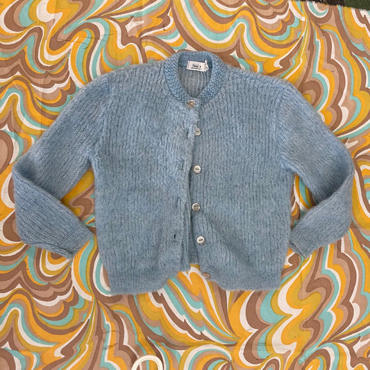 vtg 60s SEARS MOHAIR KIDS Cardigan//vintage baby blue fuzzy sweater size 6 kids retro cool kids unisex pastel rockabilly grunge sweater