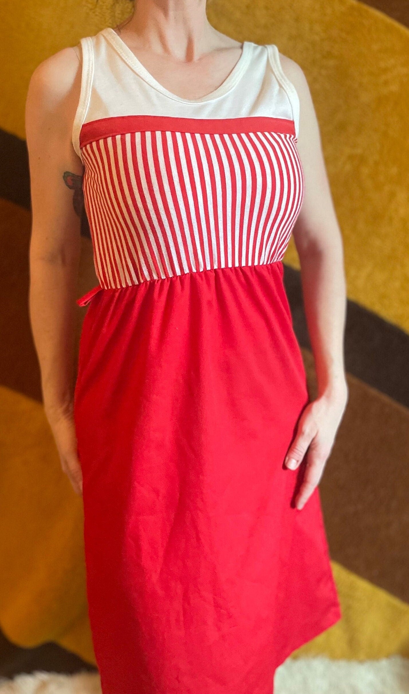vtg 70s CANDY STRIPER DRESS // summer tank dress casual red white striped cute kitschy retro fit n flare with belt loops casual secretary