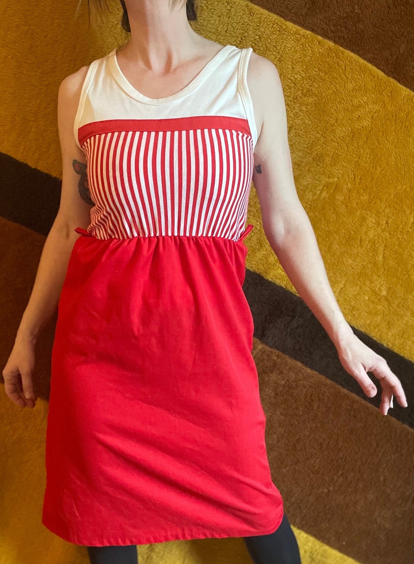 vtg 70s CANDY STRIPER DRESS // summer tank dress casual red white striped cute kitschy retro fit n flare with belt loops casual secretary