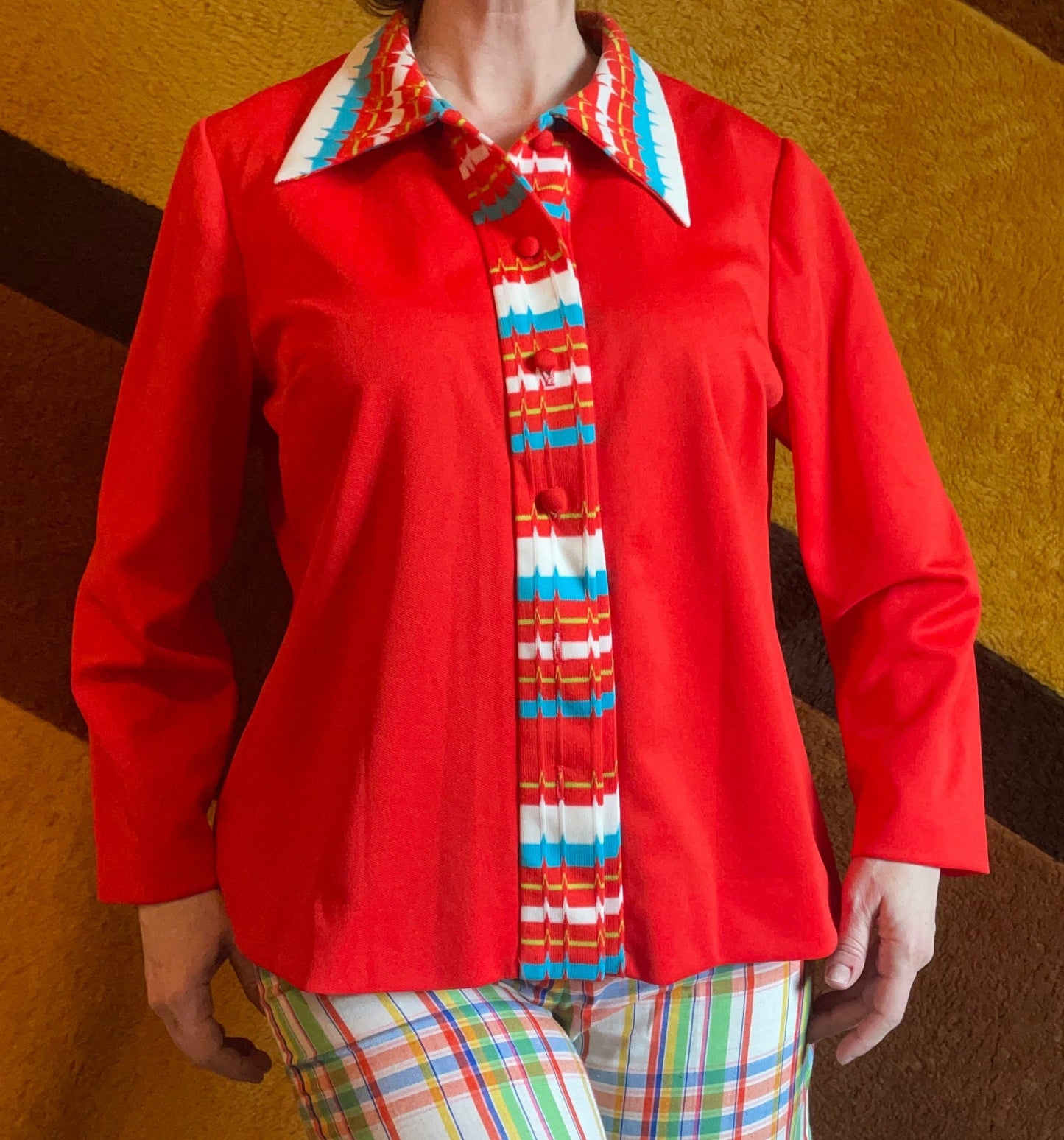vtg 70s STRIPED RED POLY top // wavy chevron pointy collar blouse lightweight jacket mod hippie bright funky stripes mod psychedelic style