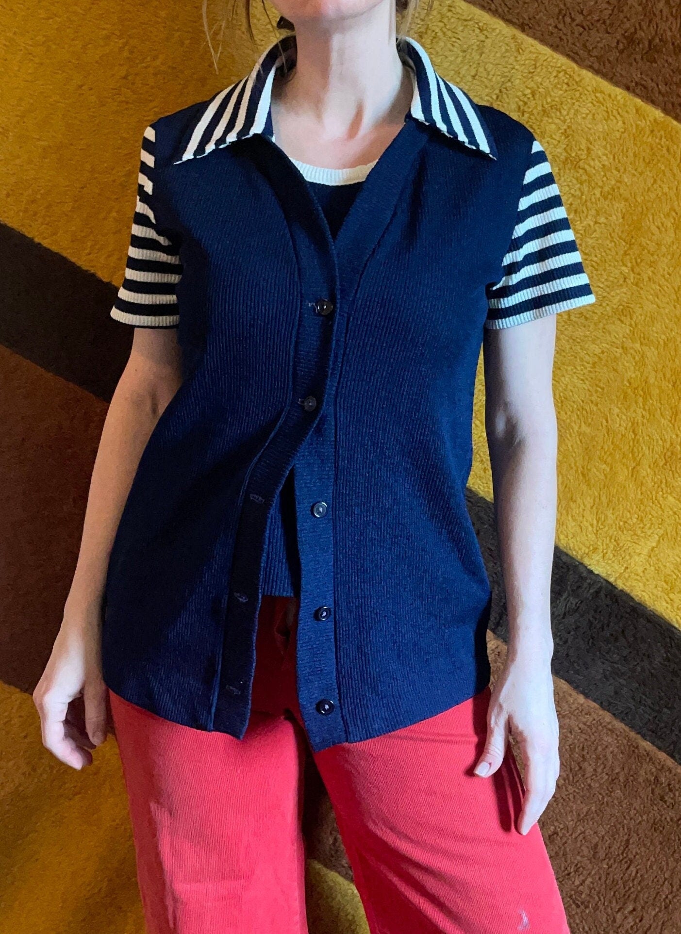 vtg 70s STRIPED POLY TOP // 2 piece set retro pointy collar tank top & mini jacket that show mod hippie roller disco vintage stripes era