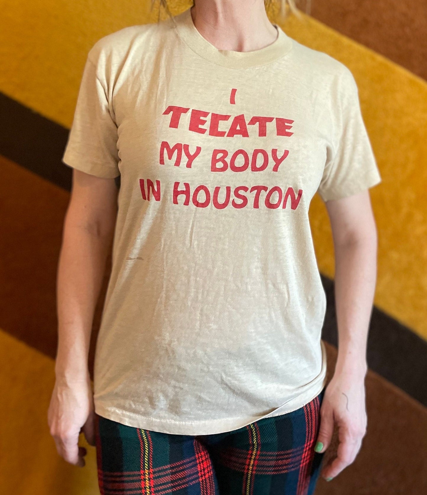 vtg 70s TECATE BEER SHIRT // vintage paper thin distressed houston texas graphic tee sneakers my body in houston liqour bar pub brew tee