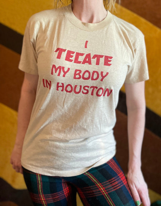 vtg 70s TECATE BEER SHIRT // vintage paper thin distressed houston texas graphic tee sneakers my body in houston liqour bar pub brew tee