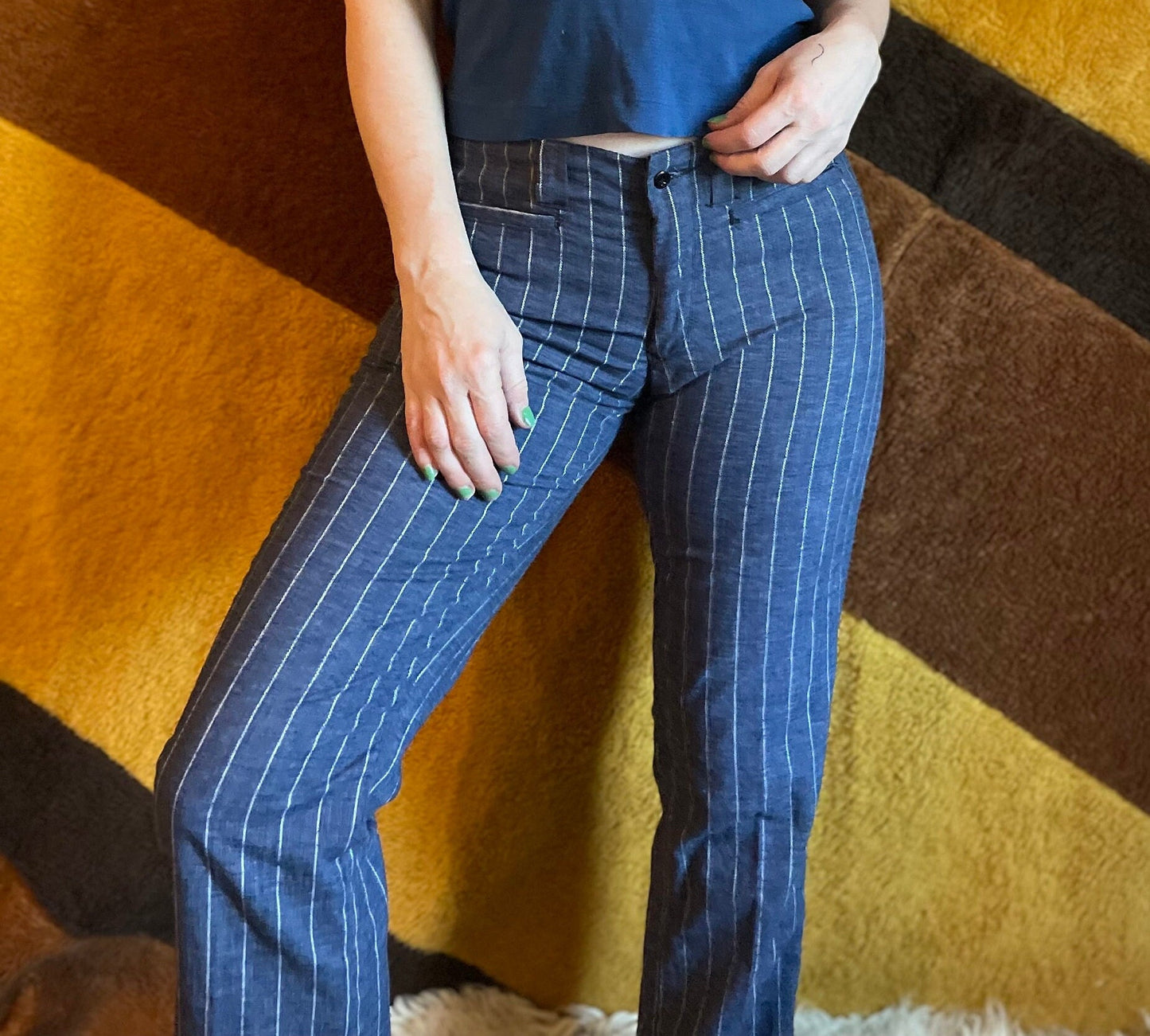 vtg 70s PIN STRIPED PANTS // vintage low rise trousers unhemmed flare leg hippie western wide leg boot cut flare pants y2k low hip huggers
