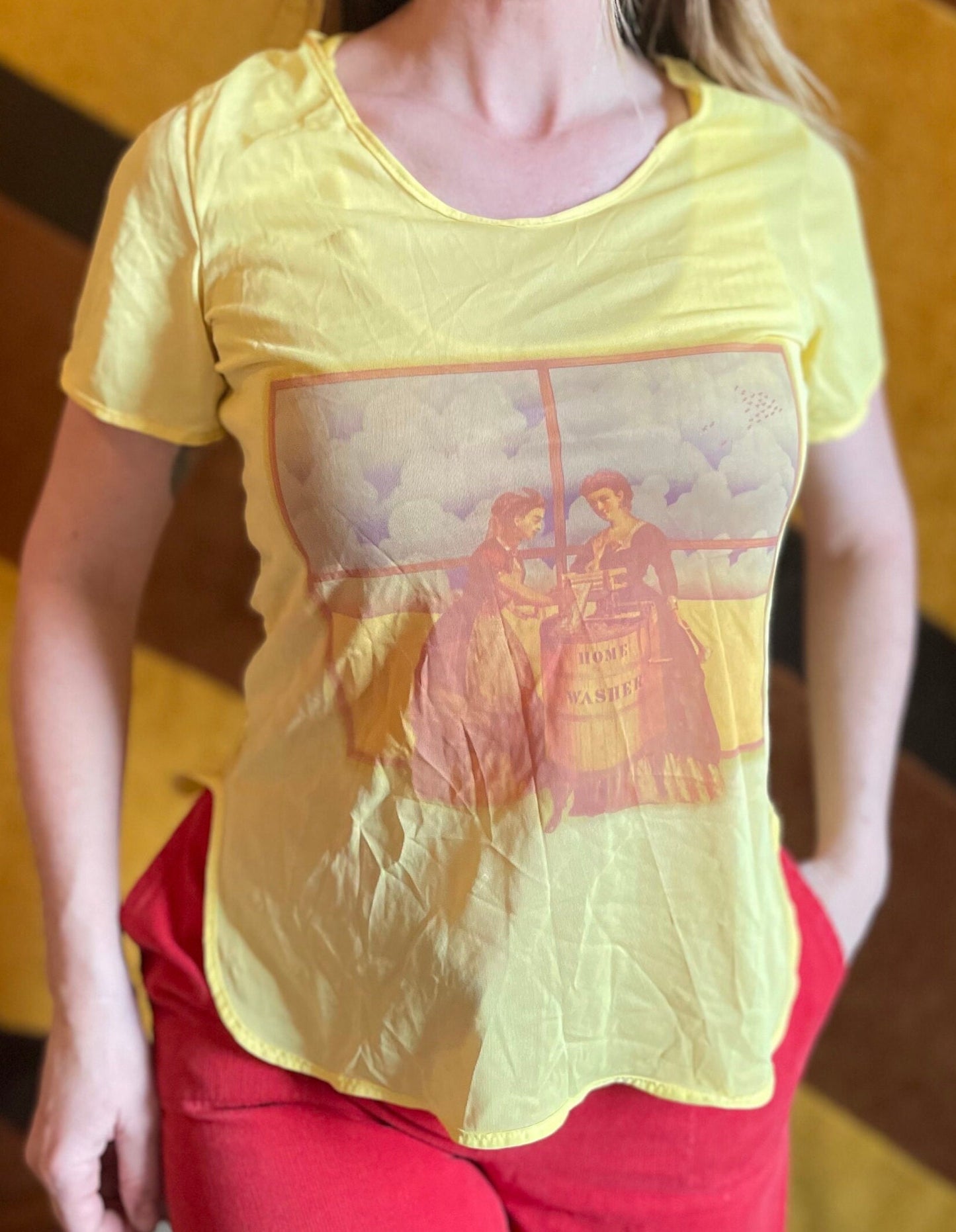 vtg 70s VICTORIAN WOMEN TOP // "home washer" shirt sheer nylon top thin summer pajama shirt rare kitschy graphic photo print aop lingerie