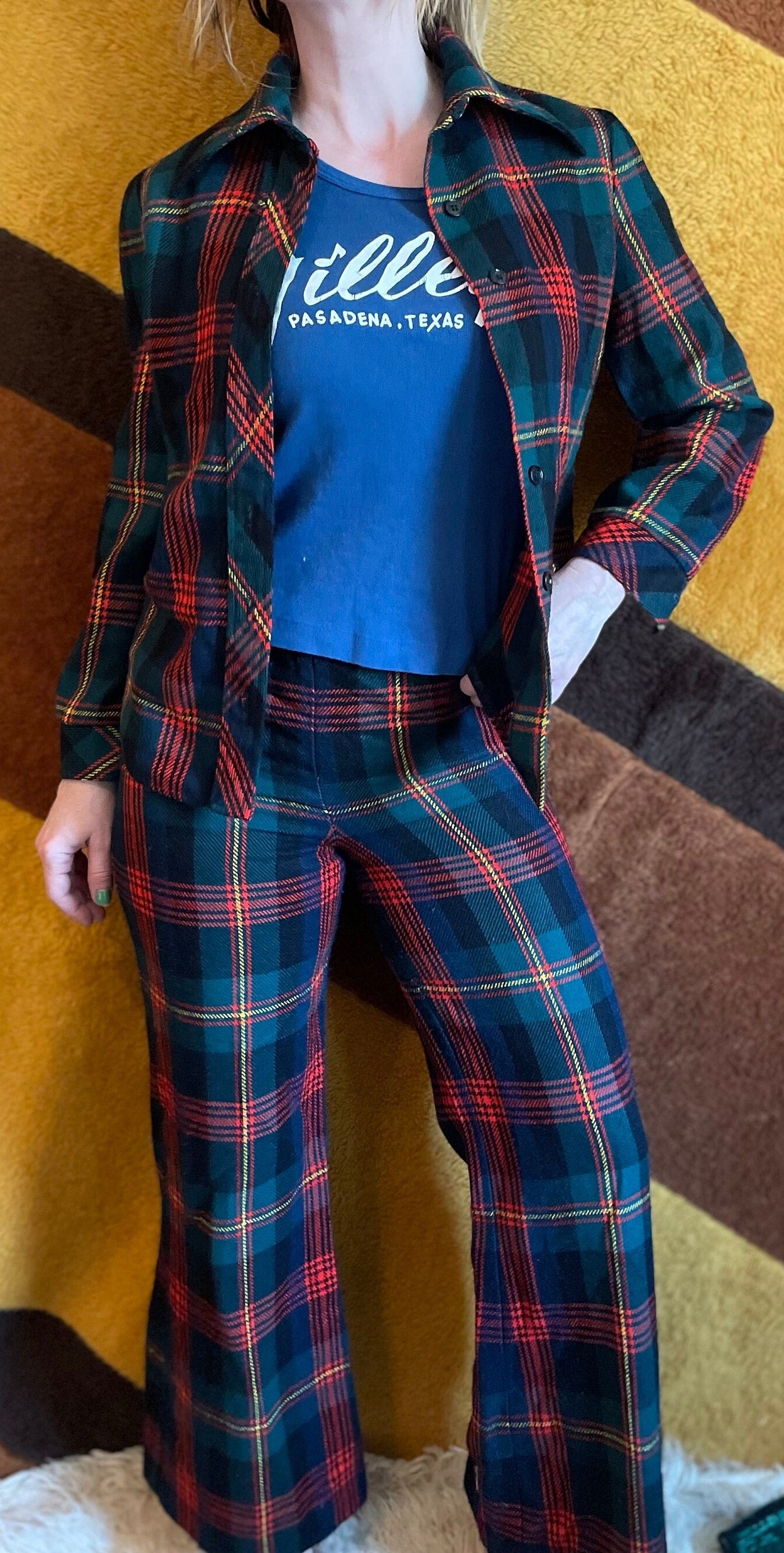 vtg 70s 2 PIECE PLAID PANTSUIT // vintage sears junior bazarr high waisted flare leg plaid pants & blazer set preppy mod casual business