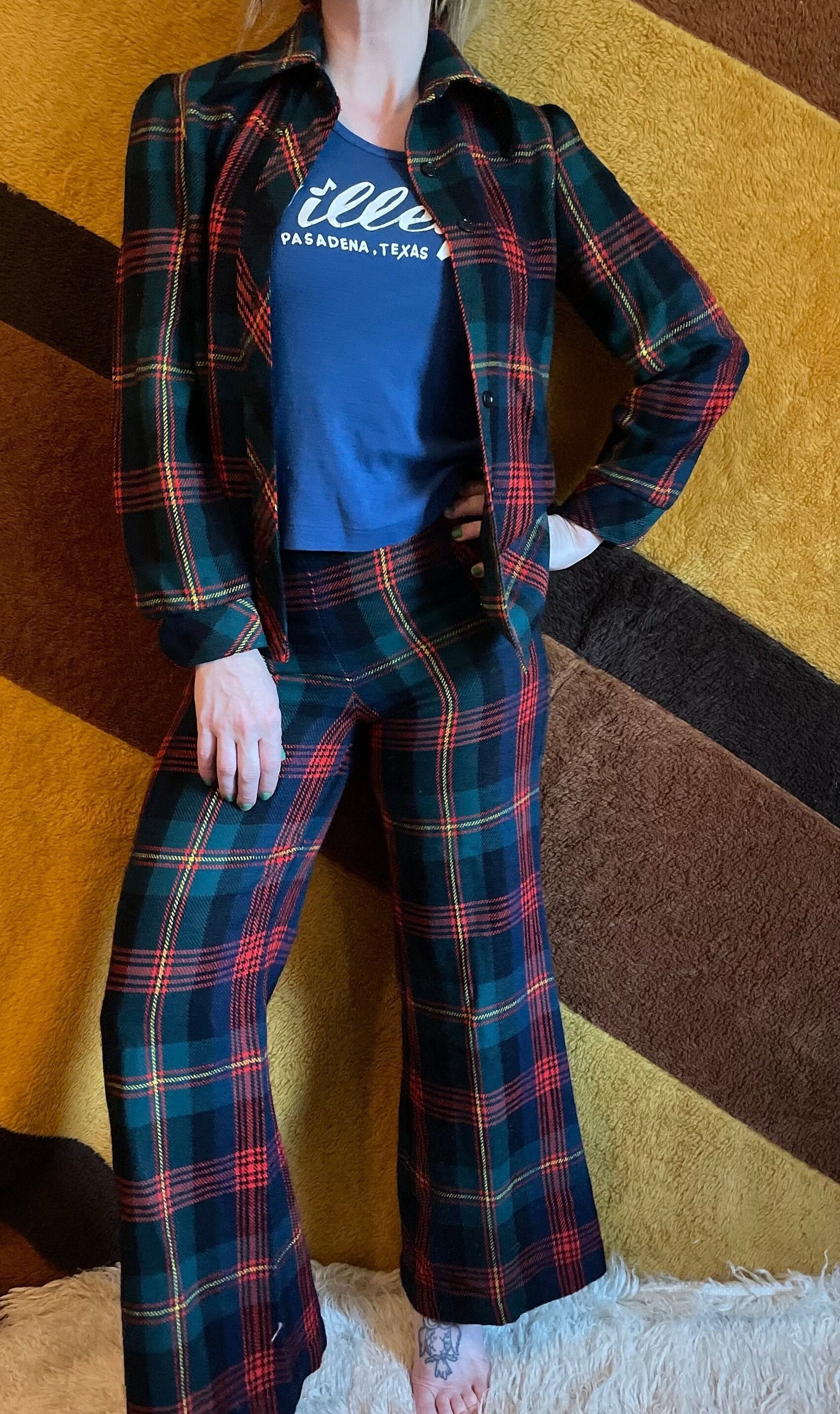 vtg 70s 2 PIECE PLAID PANTSUIT // vintage sears junior bazarr high waisted flare leg plaid pants & blazer set preppy mod casual business