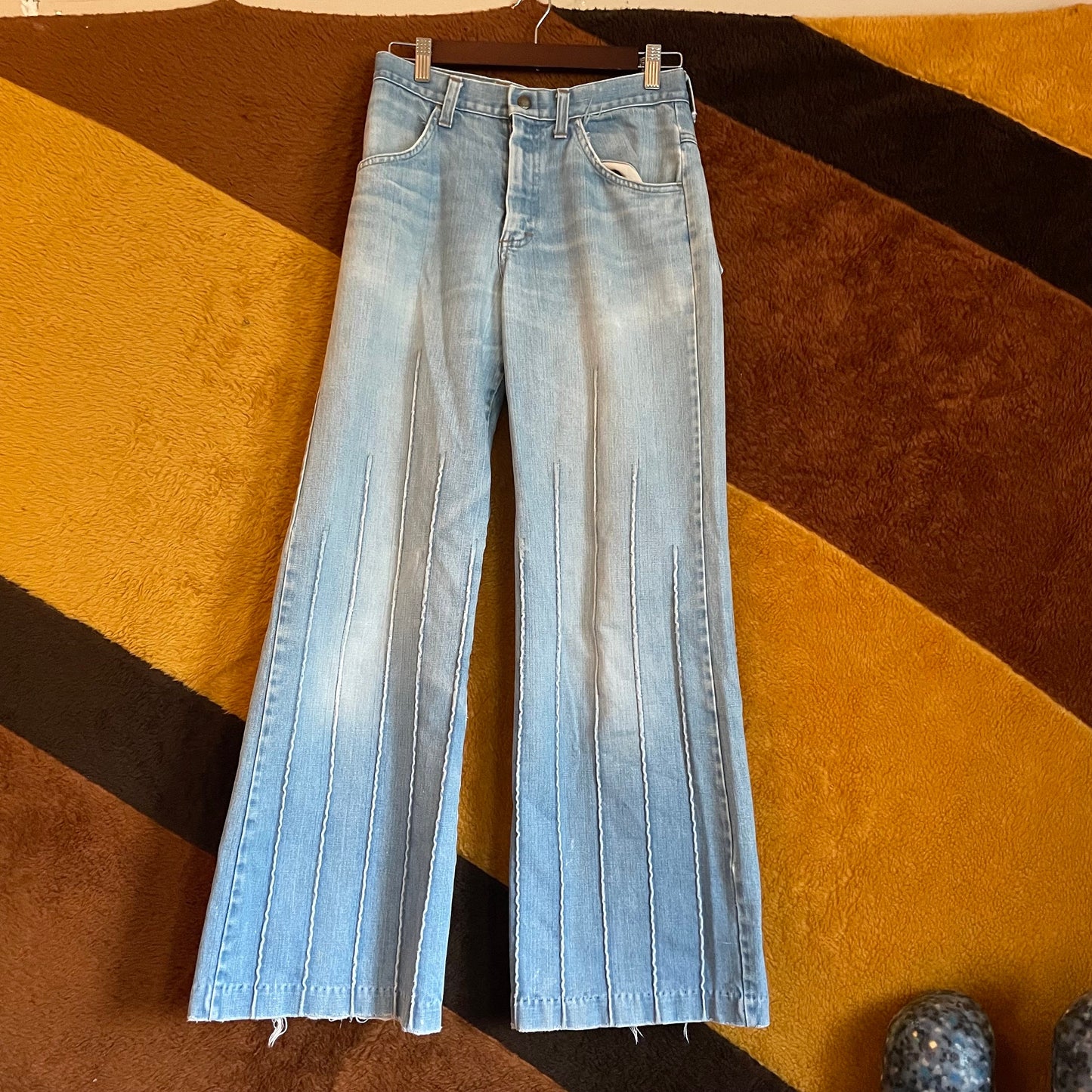 vtg 70s SEARS RIBBED JEANS// vintage striped bootcut jeans lightwash faded straight leg patched high waisted denim pants hippie retro
