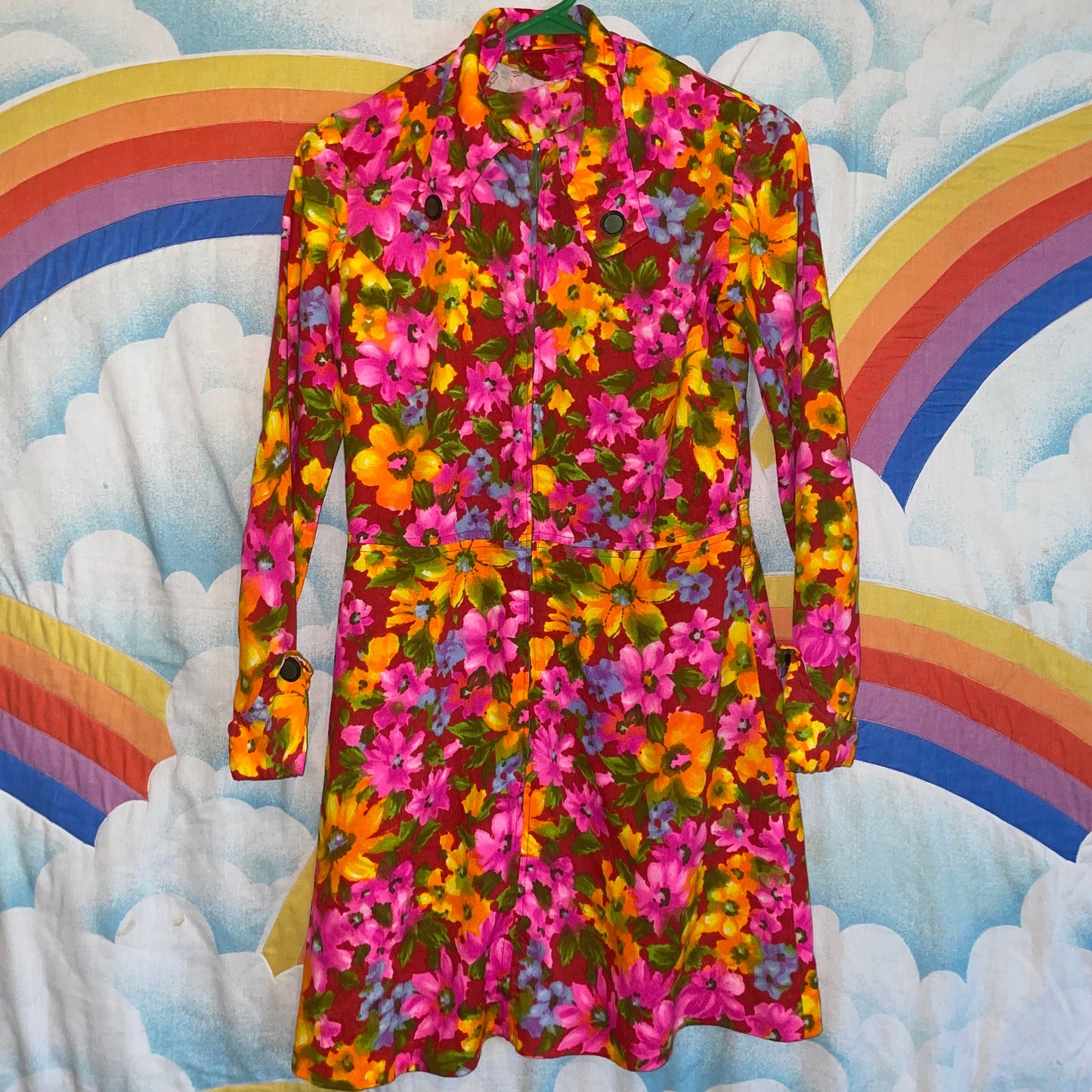 vtg 60s PSYCHEDELIC MINI DRESS // vintage square collar neon floral zip up mod hippie retro button  hawaiian barkcloth pink yellow autumn