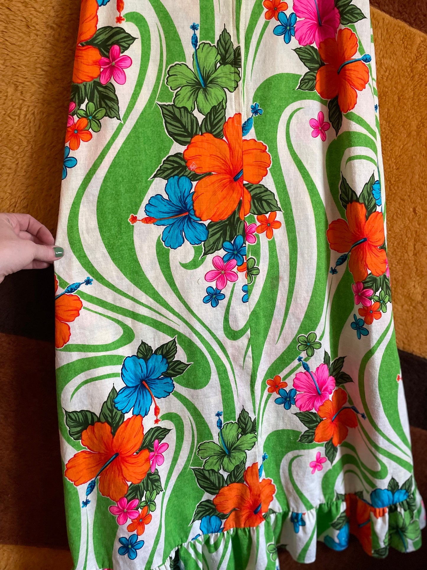 vtg 70s NEON FLORAL HAWAIIAN Dress // vintage water lilly psychedelic swirl full length tank maxi  ruffle hem day glow barkcloth retro style