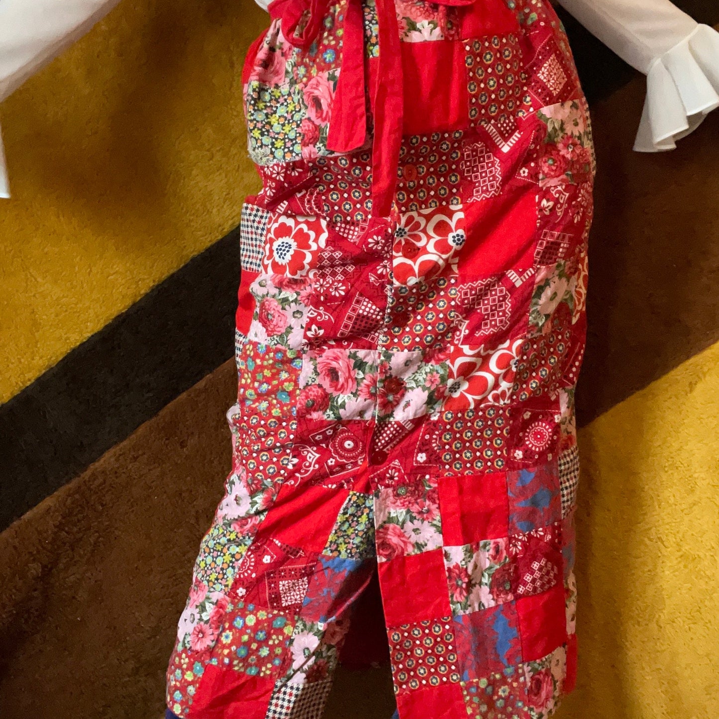 vtg 70s RED PATCHWORK SKIRT // vintage roses patterned floral square patches belted full length romantic hippie boho maxi cottage kitschy