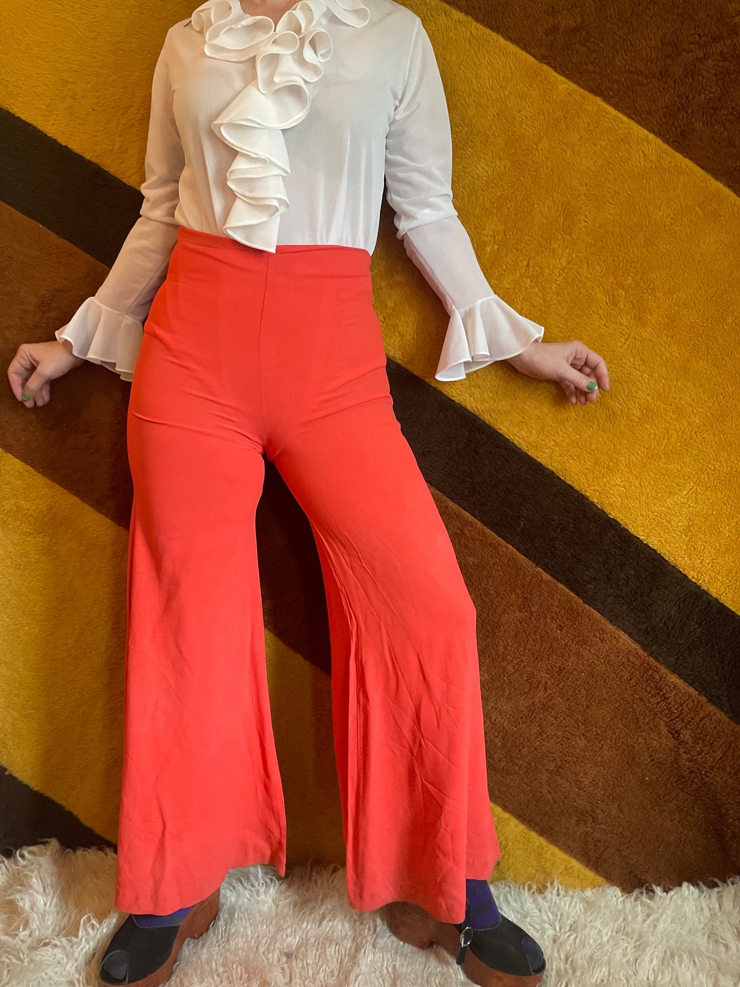 vtg 70s RAYON BELL BOTTOMS // vintage flowy wide leg beach pajamas slinky bright orange flare leg high waisted pants elephant bell palazzos