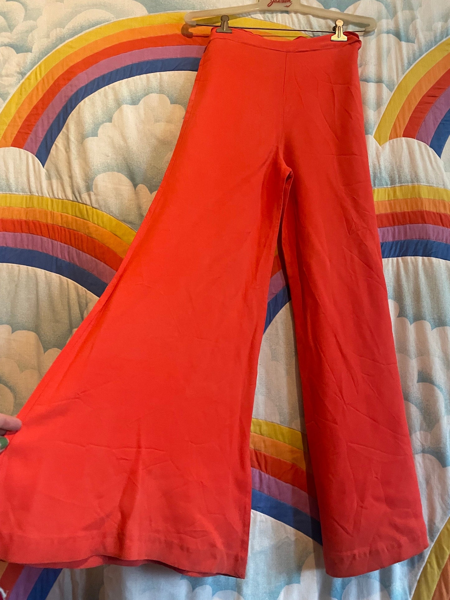 vtg 70s RAYON BELL BOTTOMS // vintage flowy wide leg beach pajamas slinky bright orange flare leg high waisted pants elephant bell palazzos