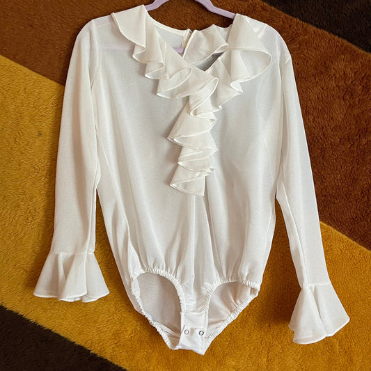 vtg 70s TRUMPET SLEEVE BODYSUIT // vintage ruffle collar flare sleeve unitard undershirt blouse pirate shirt austin powers retro suit blouse