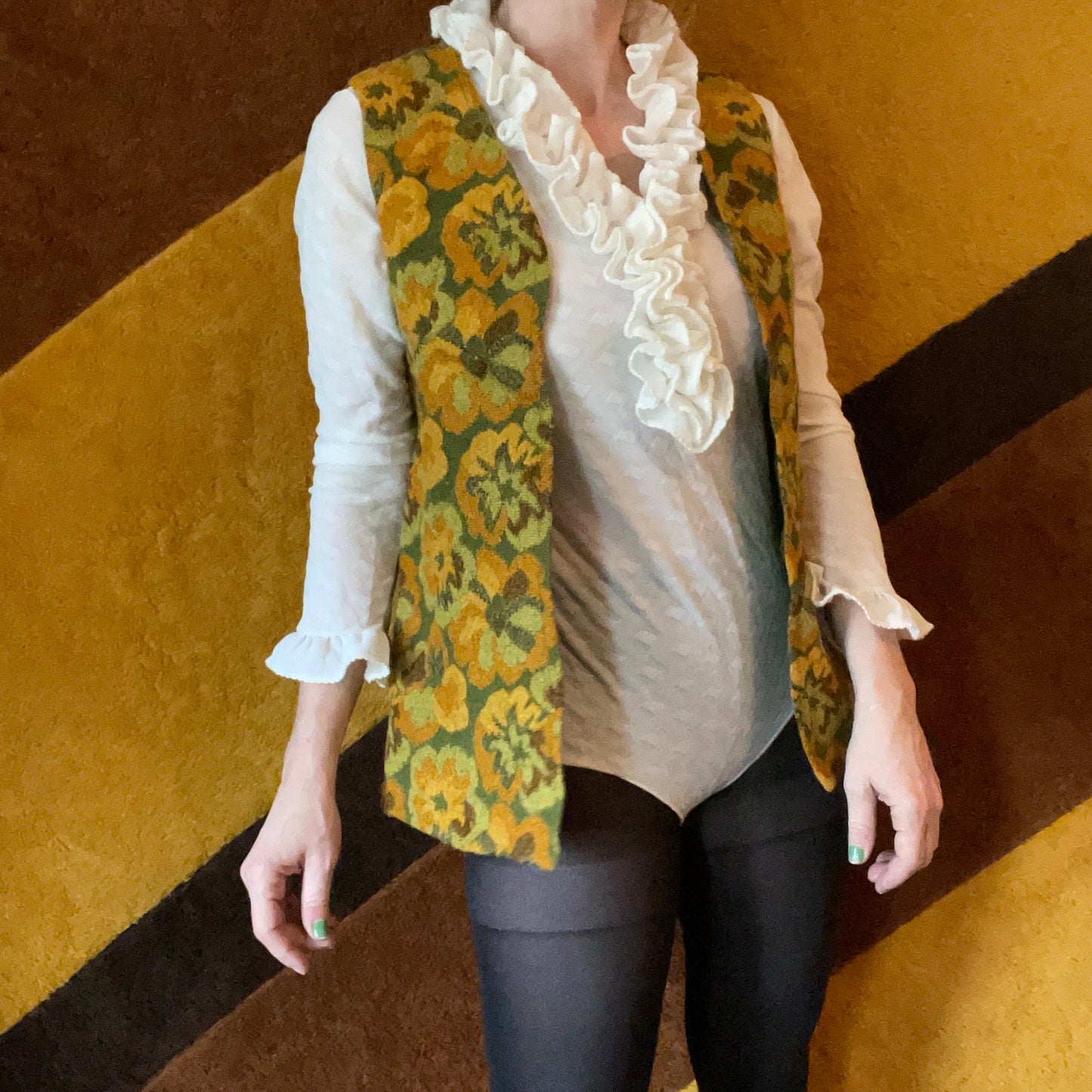 vtg 70s TAPESTRY EMBROIDERED VEST // vintage orange green floral carpet bag textured waistcoat hippie retro granny trip psychedelic top