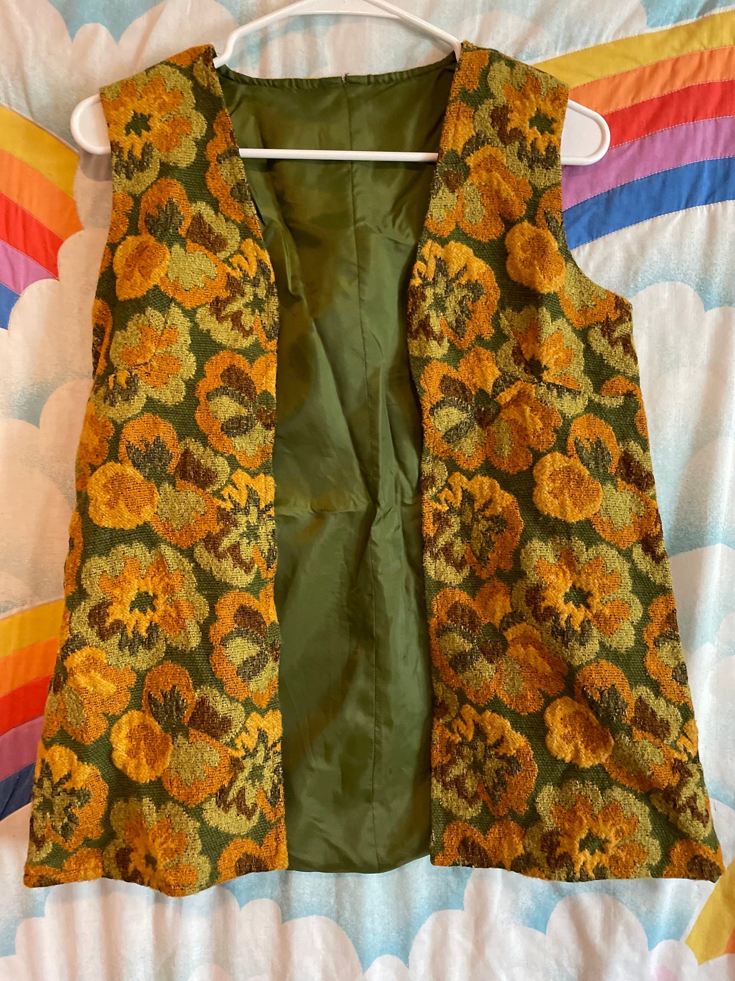 vtg 70s TAPESTRY EMBROIDERED VEST // vintage orange green floral carpet bag textured waistcoat hippie retro granny trip psychedelic top