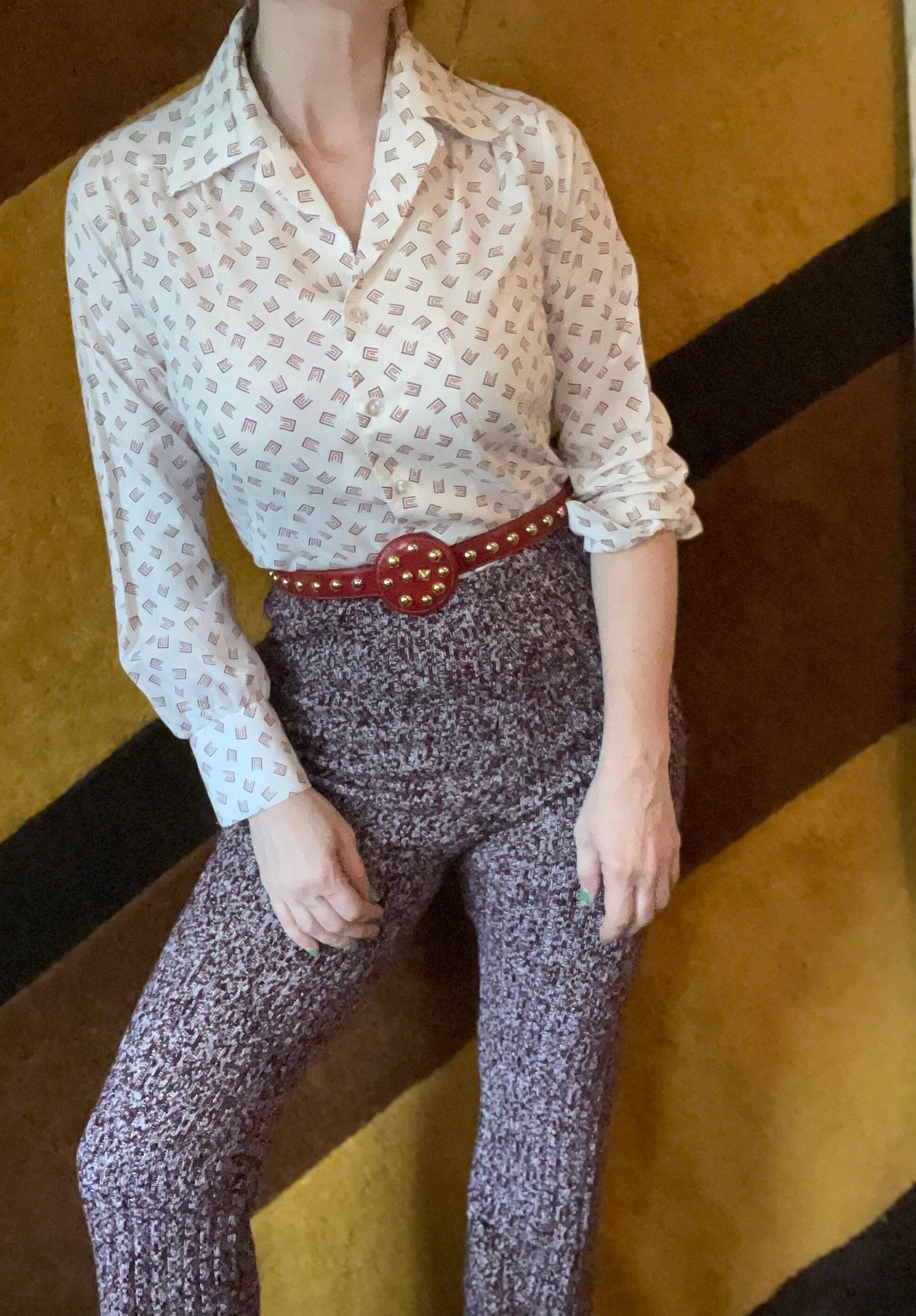 vtg 70s PATTERNED BODYSUIT TOP // vintage pointy collar one piece unitard disco poly d'armigene new york blouse abstract atomic print shirt