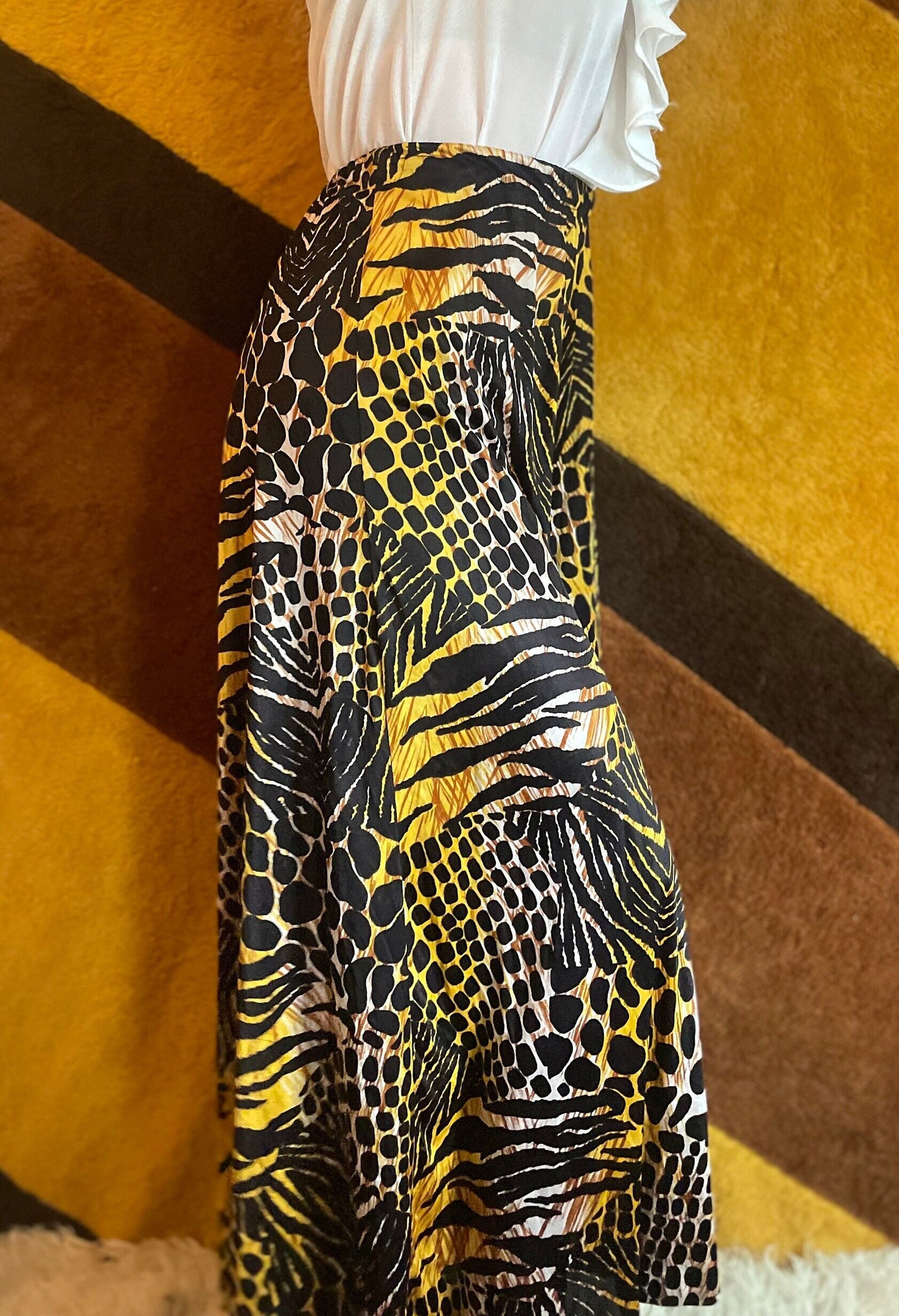 vtg 70s LEOPARD PALAZZO PANTS // vintage miss elaine mixed animal print flowy slinky pants silky nylon flowy wide leg gold hostess pants