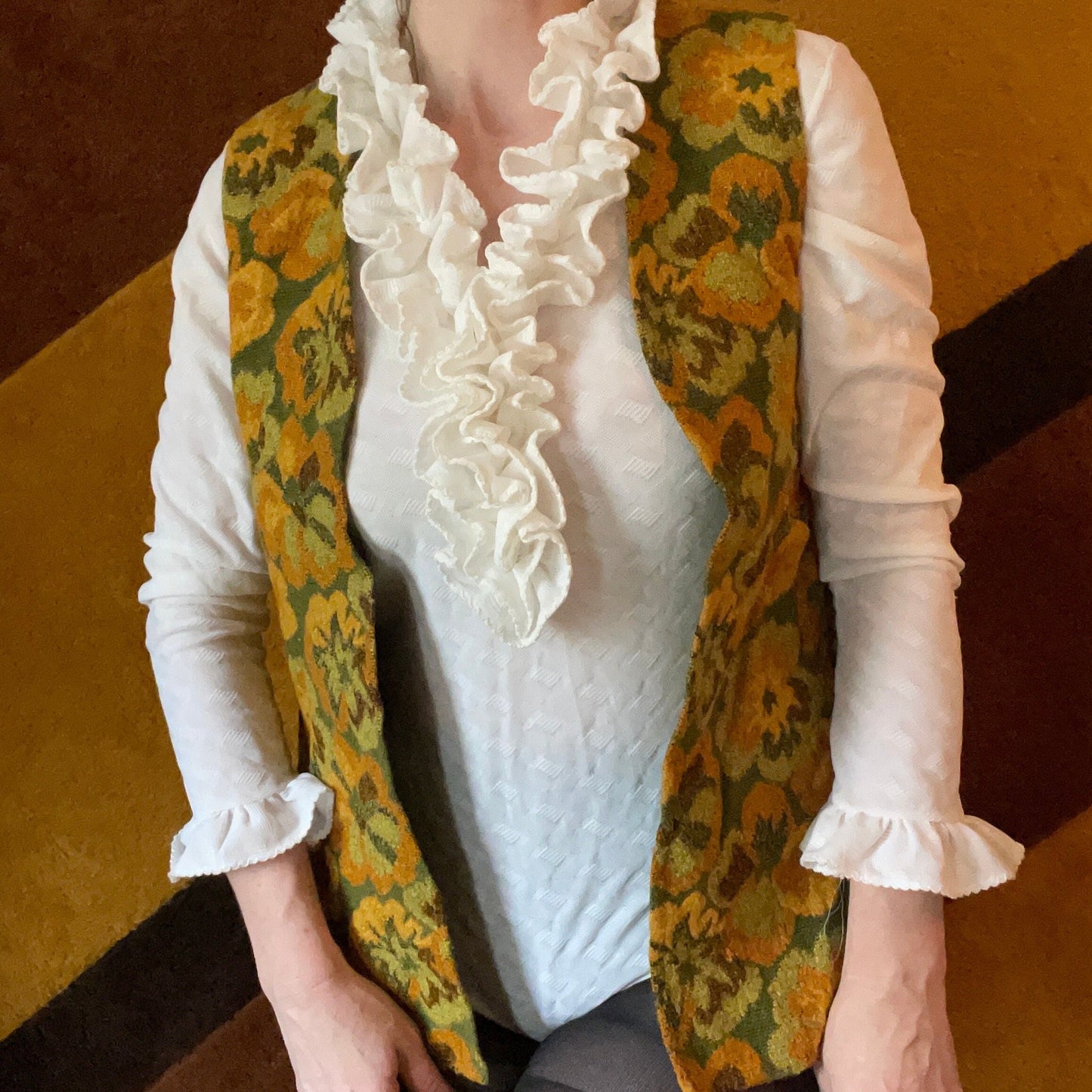 vtg 70s TAPESTRY EMBROIDERED VEST // vintage orange green floral carpet bag textured waistcoat hippie retro granny trip psychedelic top