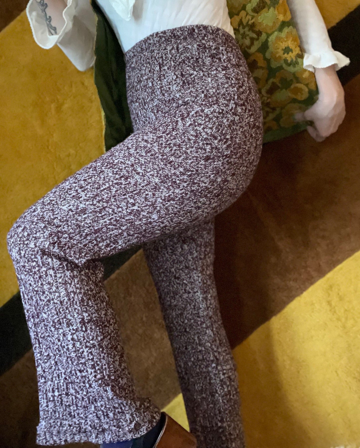 vtg 70s SPACE DYE BELLBOTTOMS // vintage pandora wide leg heathered purple bell bottoms stretchy acrylic high waisted knit sweater pants