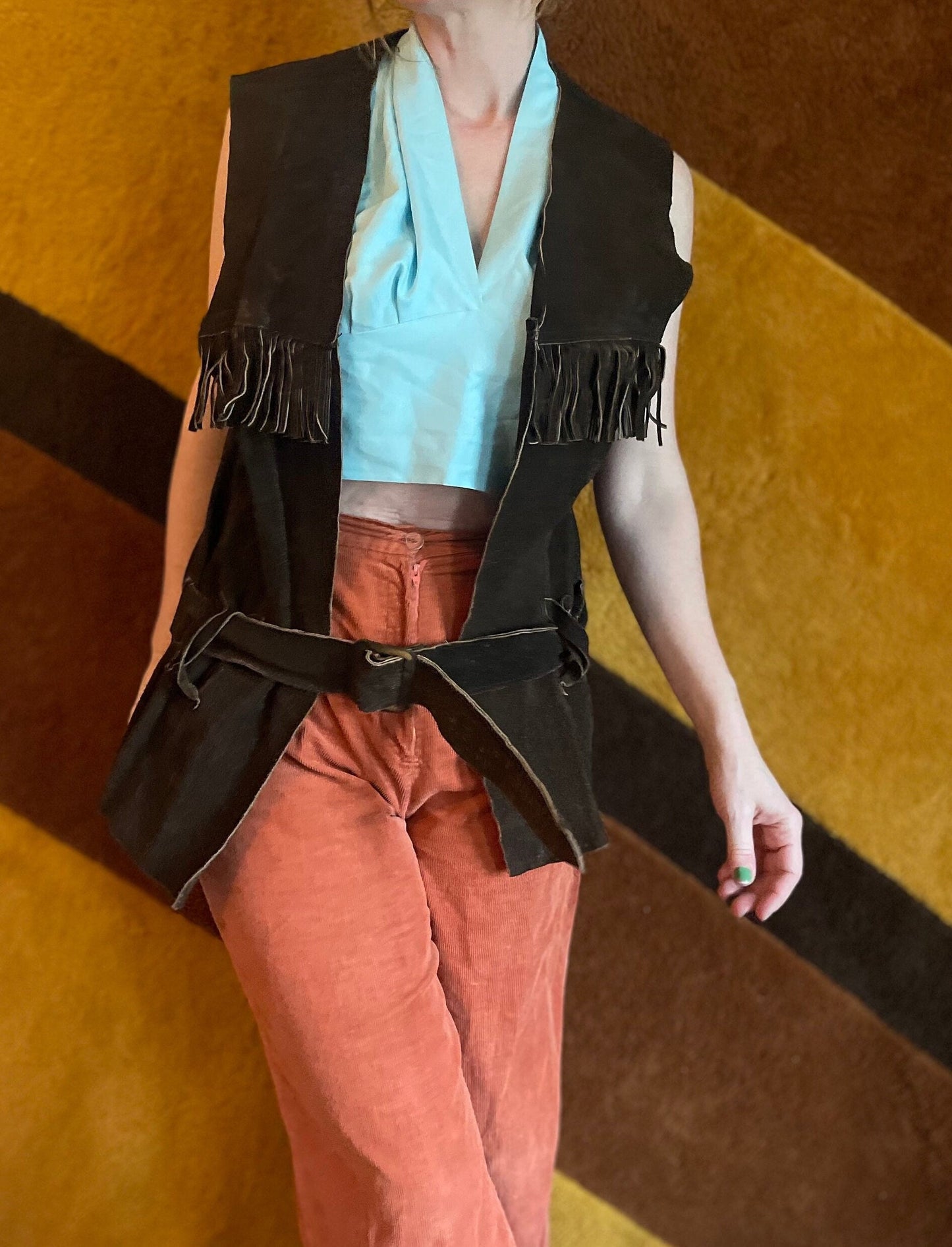 vtg 70s SUEDE FRINGE BELTED Vest // vintage dark chocolate brown leather fringe waistcoat with belt hippie western boho acid festival ooak