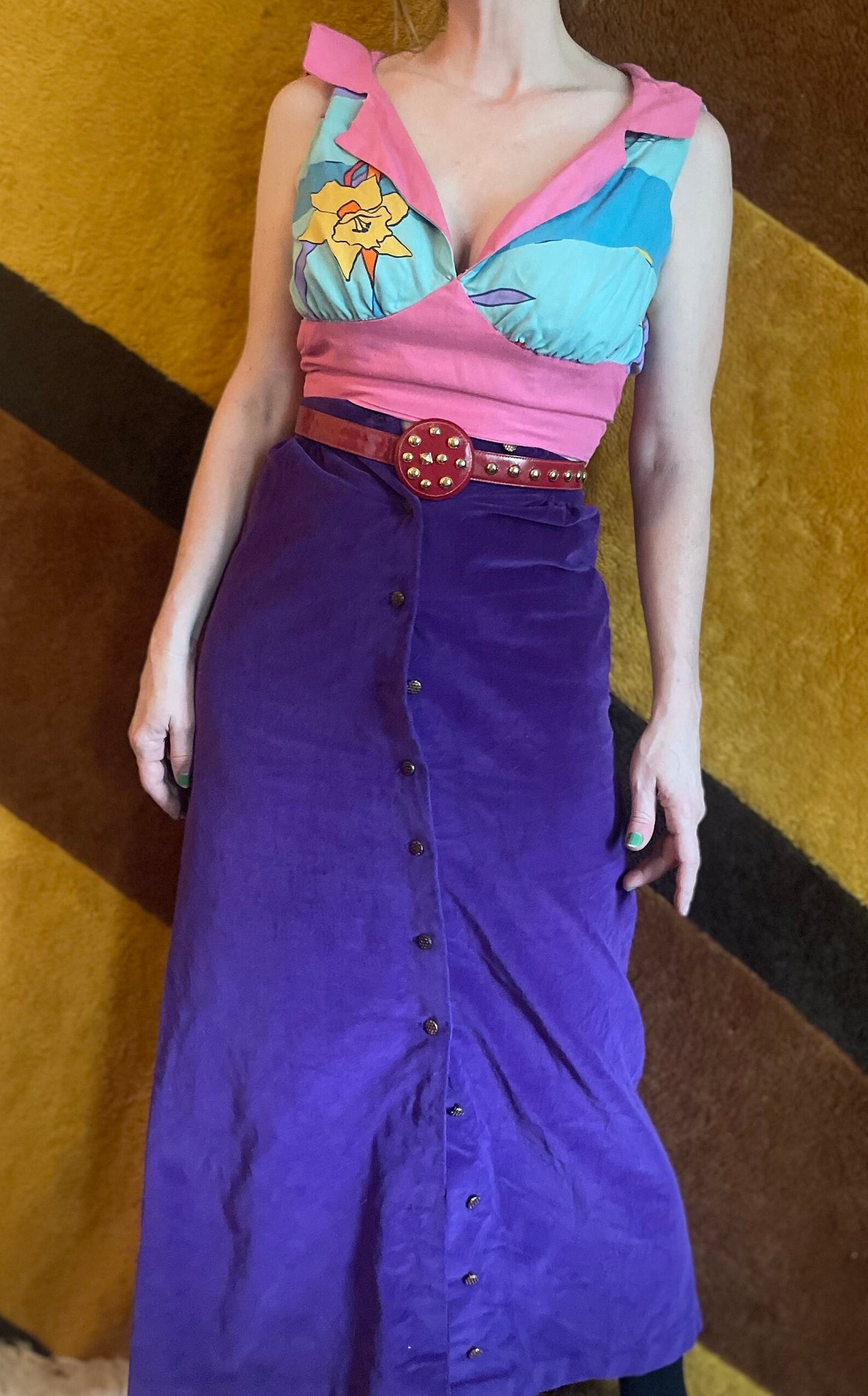 vtg 60s PURPLE VELVET SKIRT // vintage button up full length skirt preppy Patty Woodard xs petite junior mod plush maxi high waisted preppy