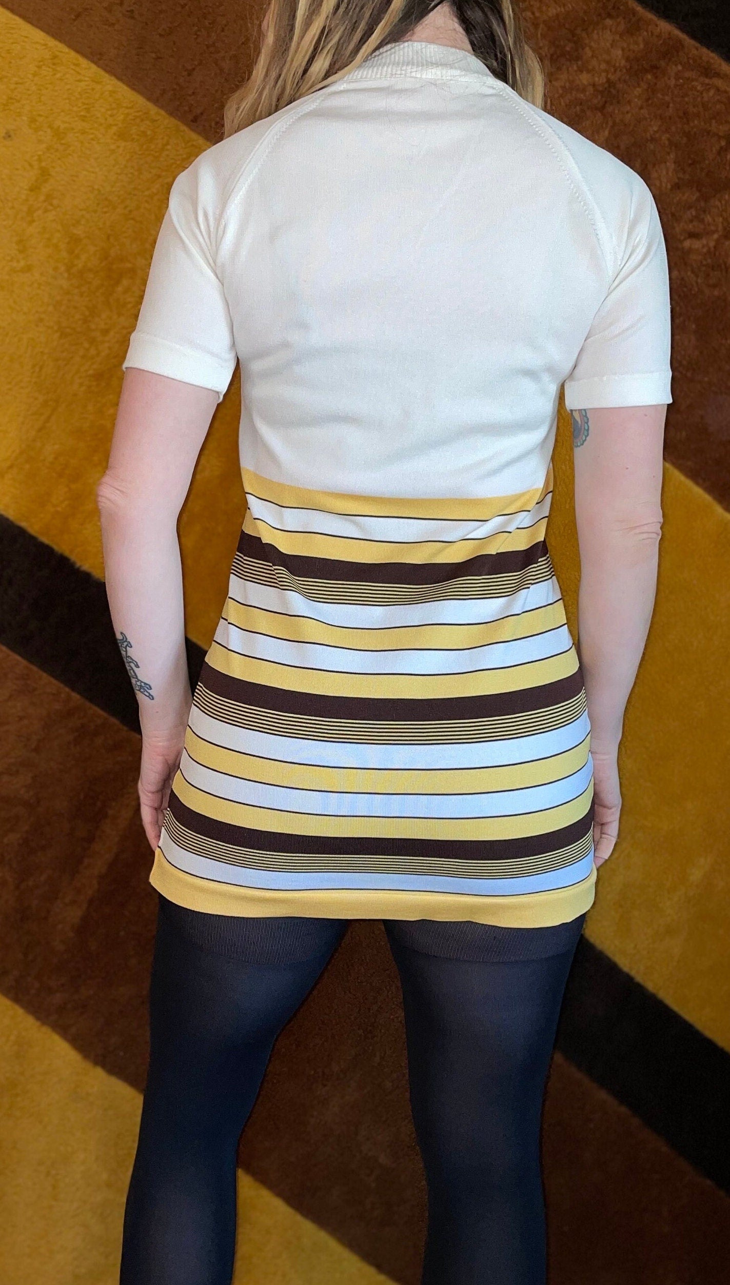 vtg 60s MOD STRIPED MINI Dress // vintage yellow & brown teen spirit short frock go go retro scooter dress space age autumn cute halloween