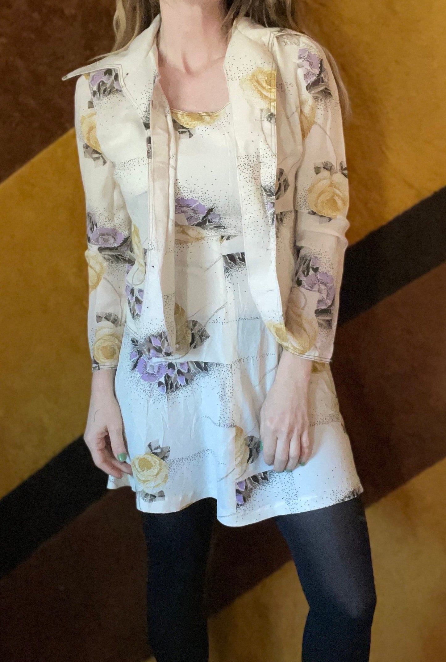 vtg 70s FLORAL 2 PIECE SET // vintage purple yellow flower patterned autumn flowy dress and matching collared polyester button up top jacket