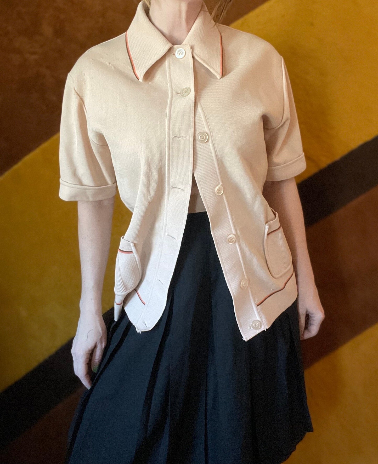 vtg 70s ROSE OIL COLLARED Top // vintage retro button down bowling shirt beige oxford pointy collar personalized team polo rose apothecary