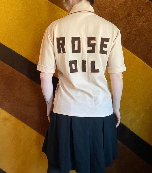 vtg 70s ROSE OIL COLLARED Top // vintage retro button down bowling shirt beige oxford pointy collar personalized team polo rose apothecary