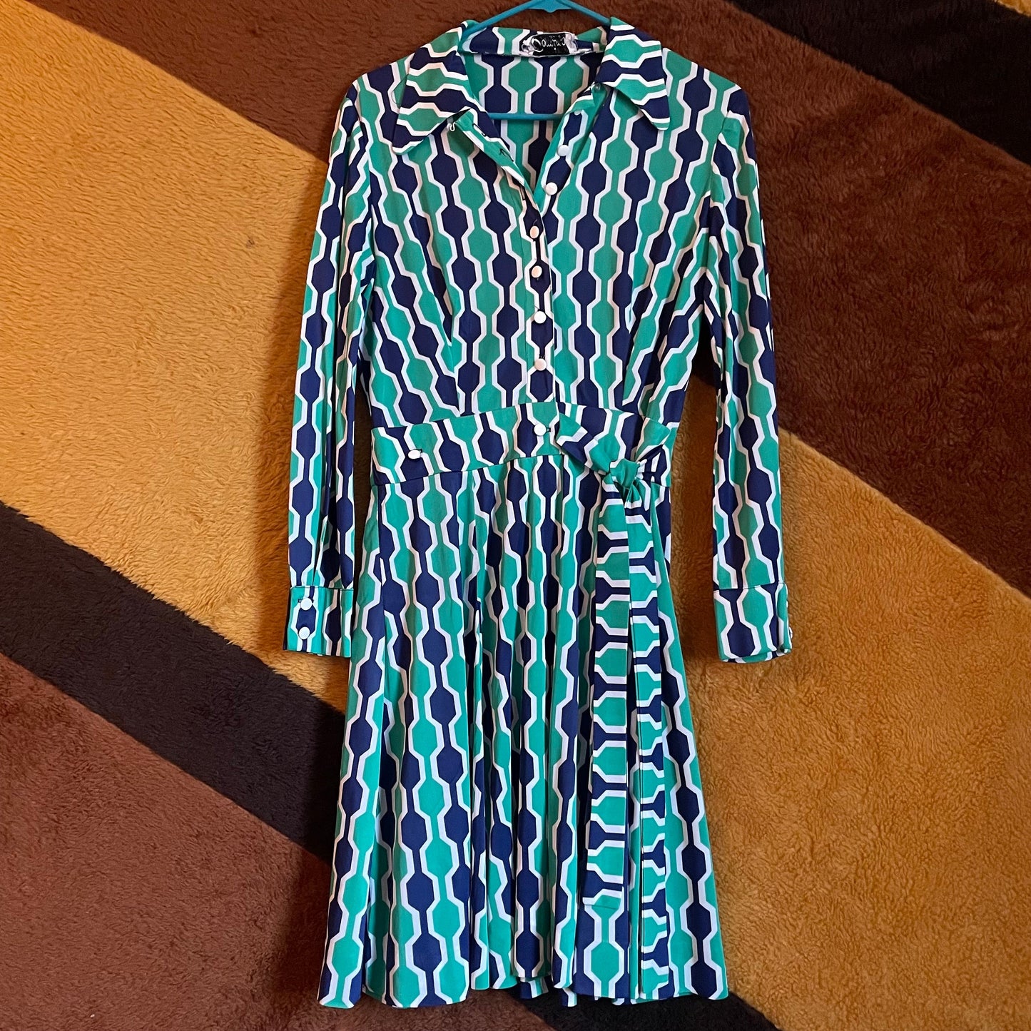 vtg 60s GEOMETRIC WRAP DRESS //  abstract jewel tones green blue hour glass patterned mid century pointy collar mod pop art wrap swing dress