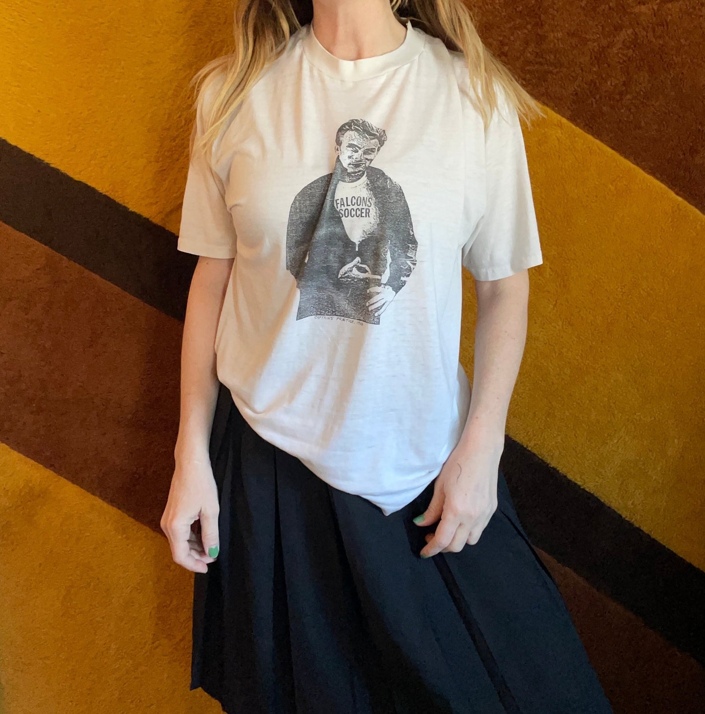 vtg 80s PUNK JAMES DEAN shirt // vintage falcons soccer leather jacket big print distressed thin white t shirt sex pistols cbgb dead boys