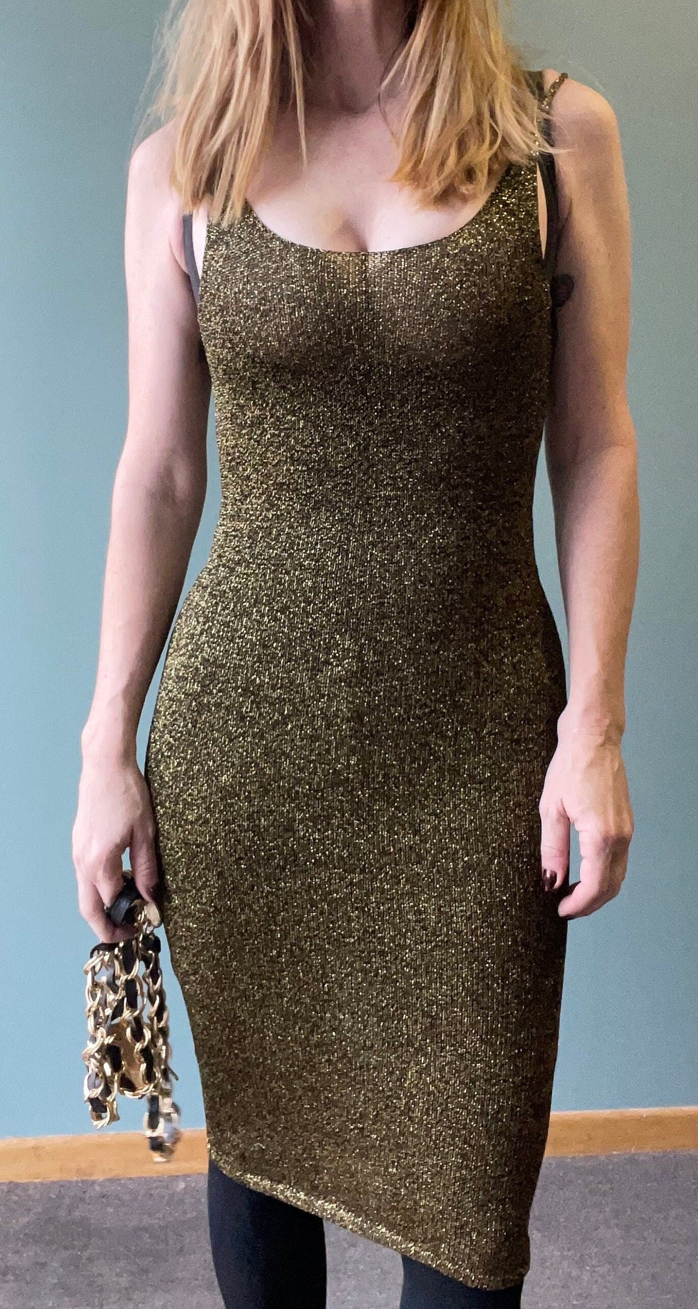 vtg 80s GOLD MESH TANK Dress // elisabetta rogiani  semi sheer sexy holiday party gown curve hugging metallic knit fancy date night sexy