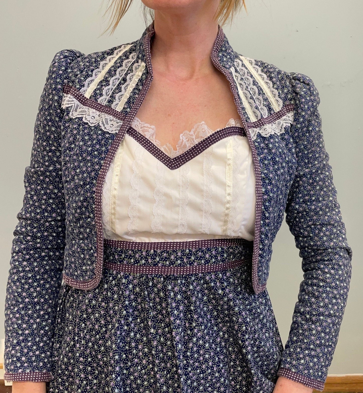 vtg 70s GUNNE SAX DRESS // 2 piece  skirt &  quilted mini jacket set blue purple floral belted prairie style autumn fall back to school boho